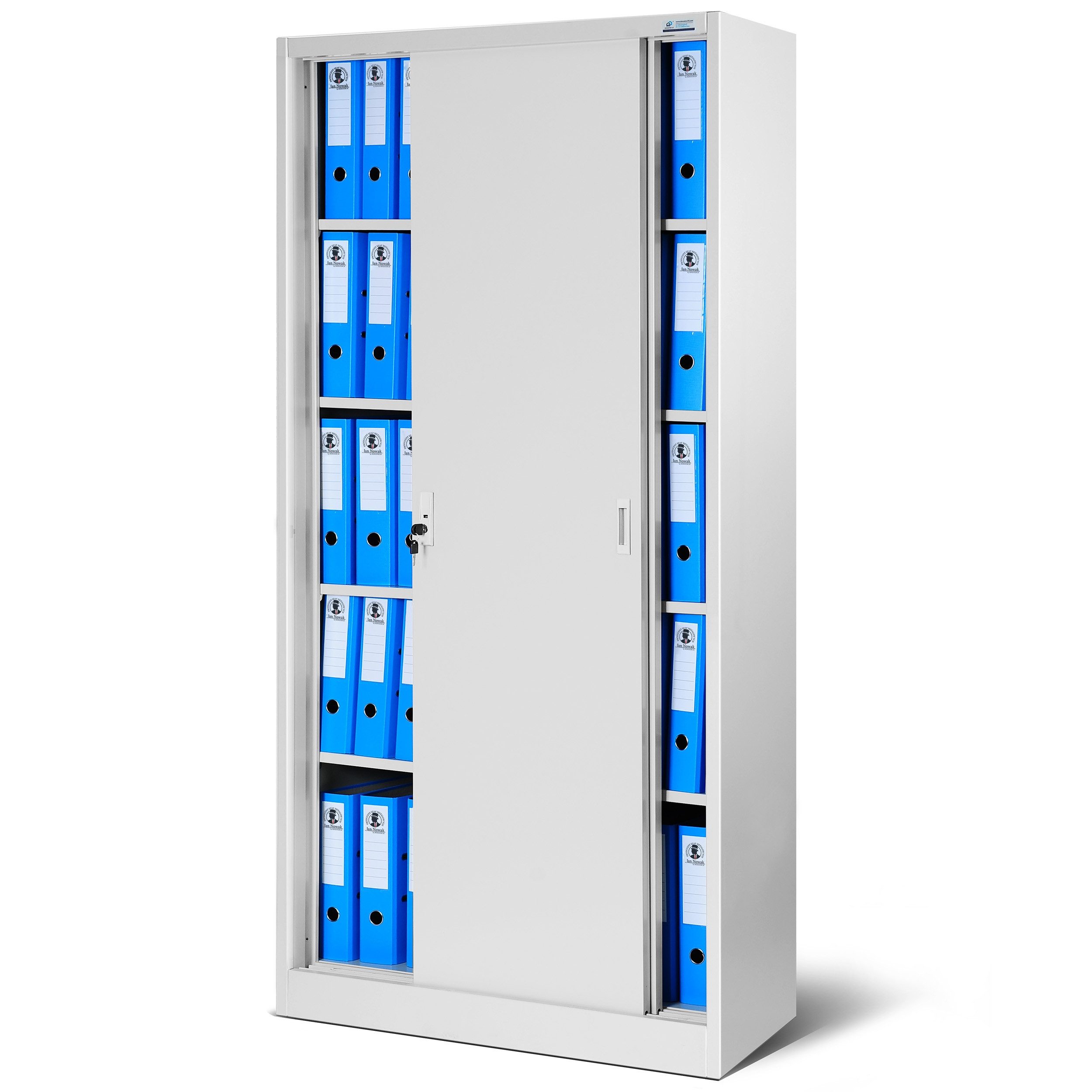 Jan Nowak Aktenschrank Metall Schiebetürenschrank 90 cm KUBA 4 Böden abschließbar Stahl (Büroschrank Aktenschrank platzsparend Büro Kanzlei Sozialraum, Stahl 0,6 mm 185 x 90 x 45 cm Wandmontage Schloss 2 Schlüssel) 4 Böden robust langlebig pulverbeschichtet 10 Farben