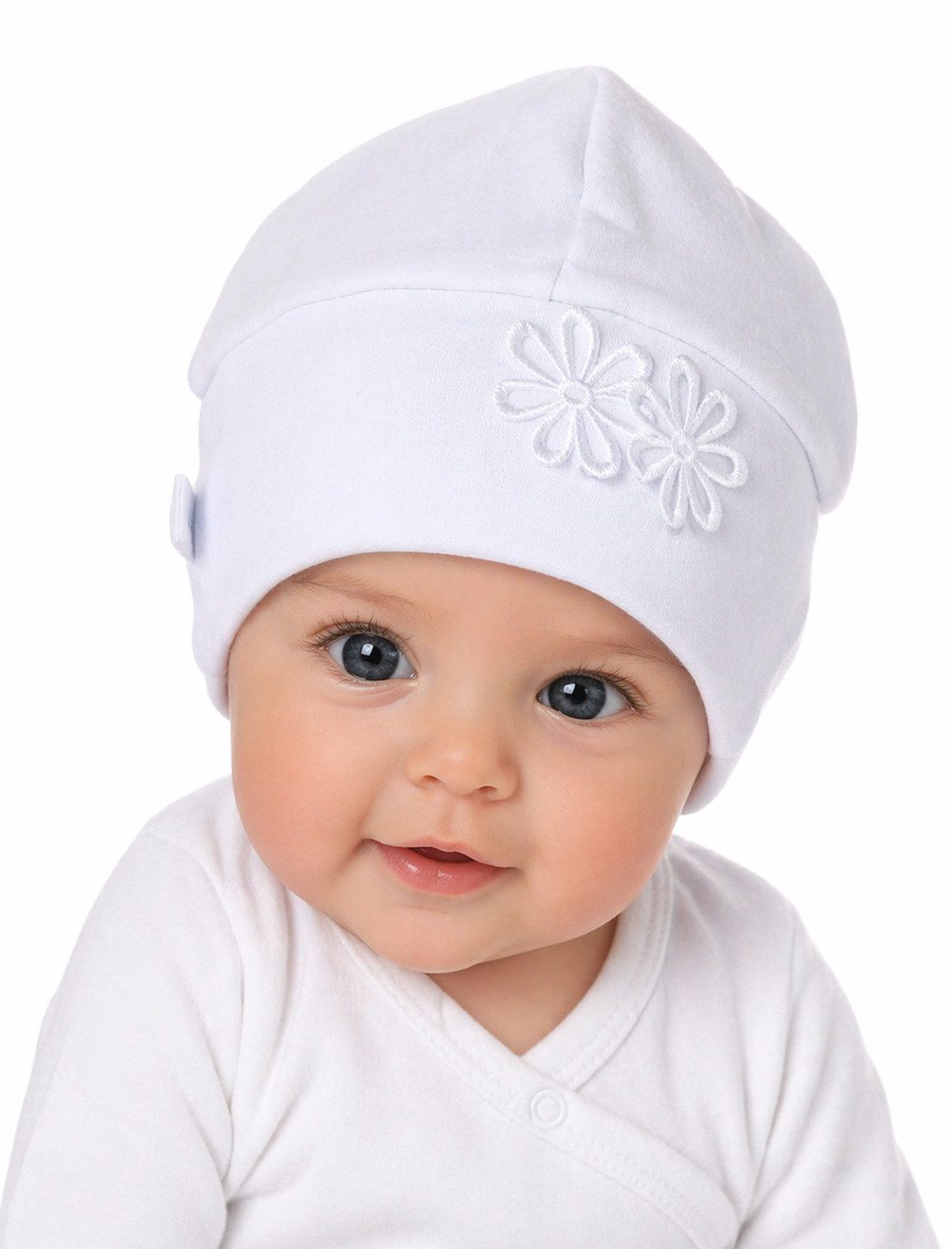 La Bortini Erstlingsmütze Baby Mütze mit Blumen Haube Übergangsmütze verschiedene Farben (Erstlingsmütze füt Neugeborene, Mädchen) festlich, 32 34 35 36 37 38 39 40 41 42 43 44 45 46 47 48 49 50 52