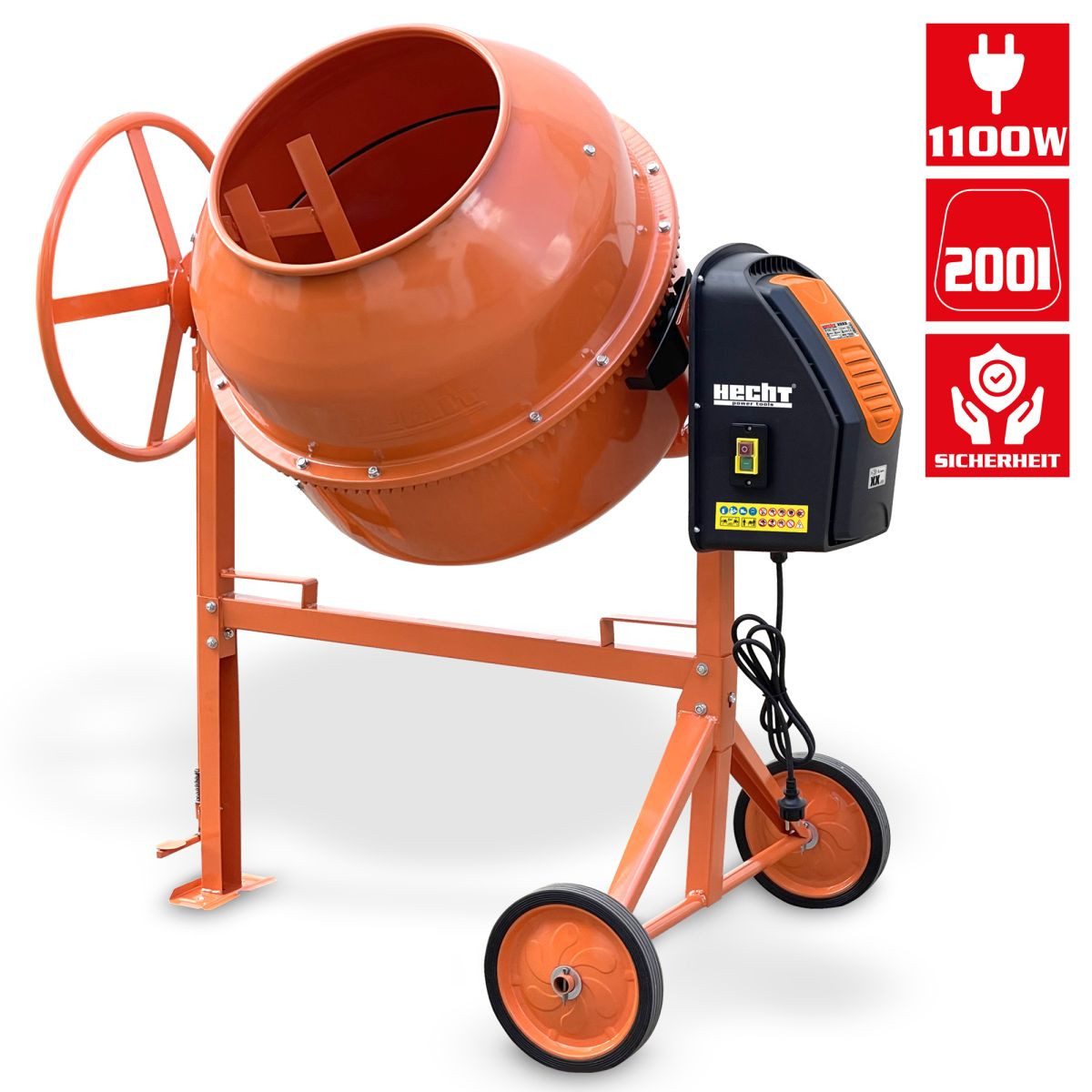 Hecht Betonmischer Mörtelmischer 2223, 1100W, 200L Volumen, 26 U/min, Ø 415 mm, 270 mm Räder, IP44 & Schutzklasse II