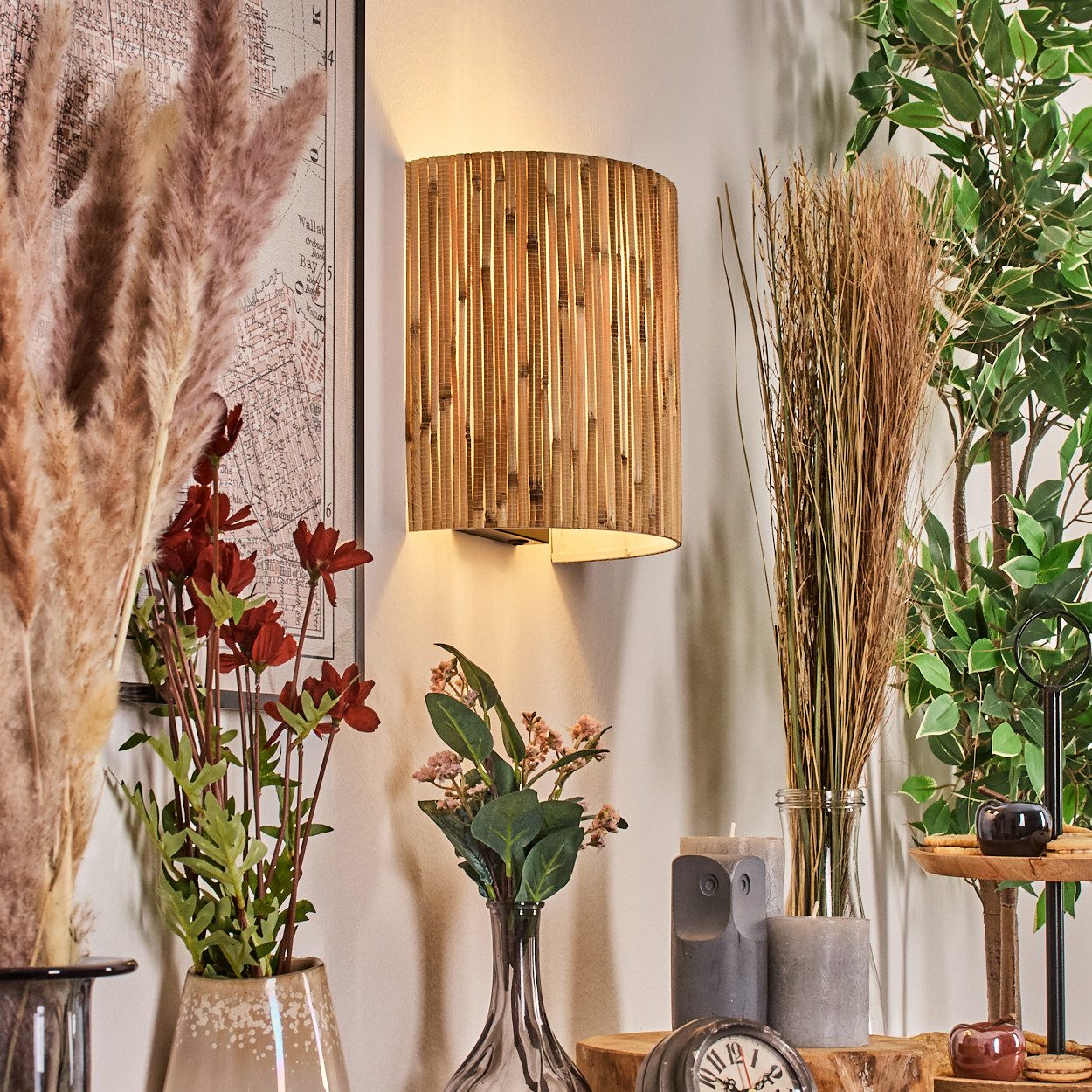 hofstein Wandleuchte Wandlampe aus Metall/Bambus in Schwarz/Natur mit Lichteffekt, Wandleuchte Boho-Design, Stecker u. Schalter, abnehmbares Kabel, E27