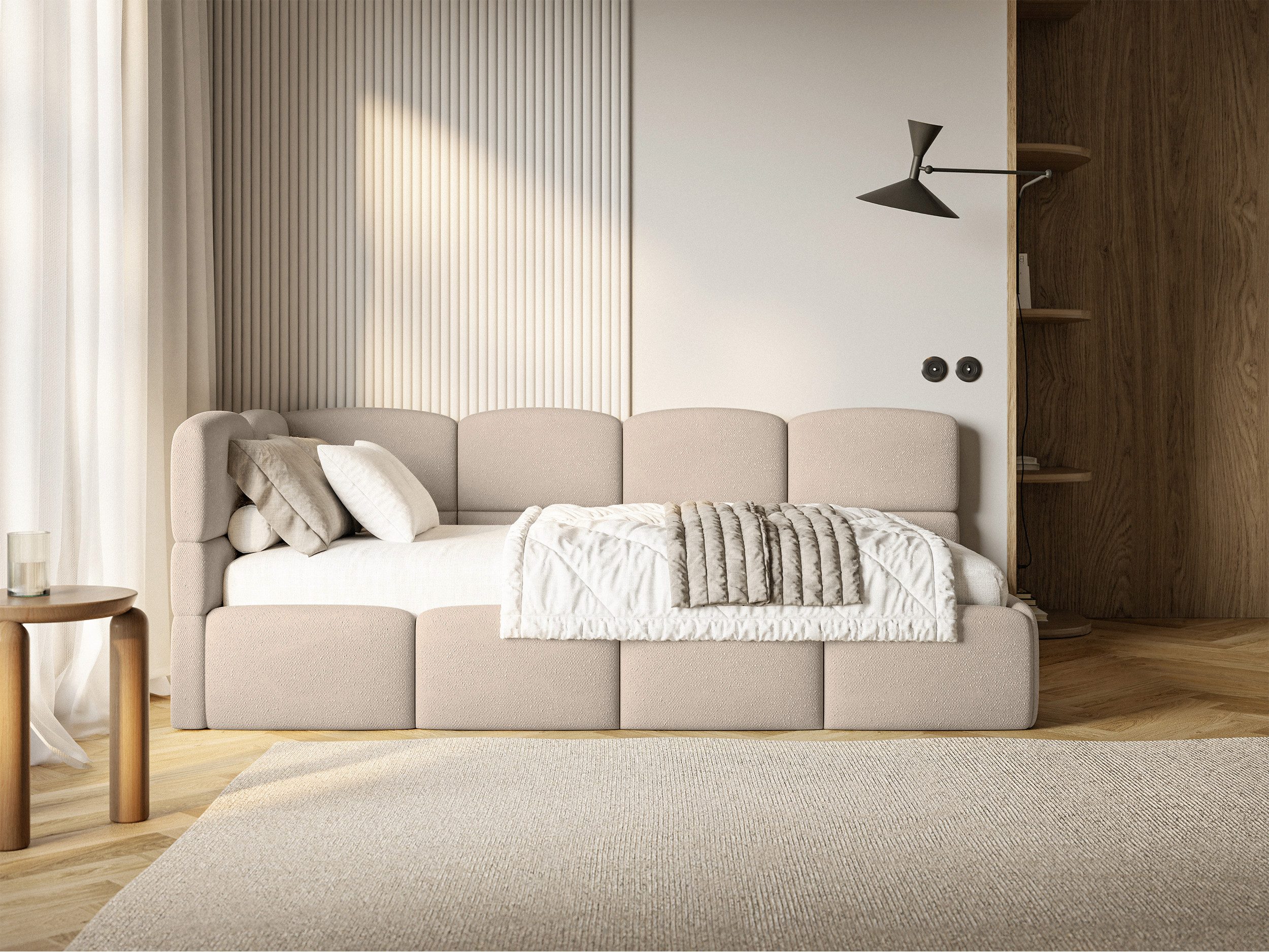Selsey Jugendbett CLOUDY, Eck-Kopfteil, Matratze & Bettkasten, Chenille hydrophob, 120x200 cm