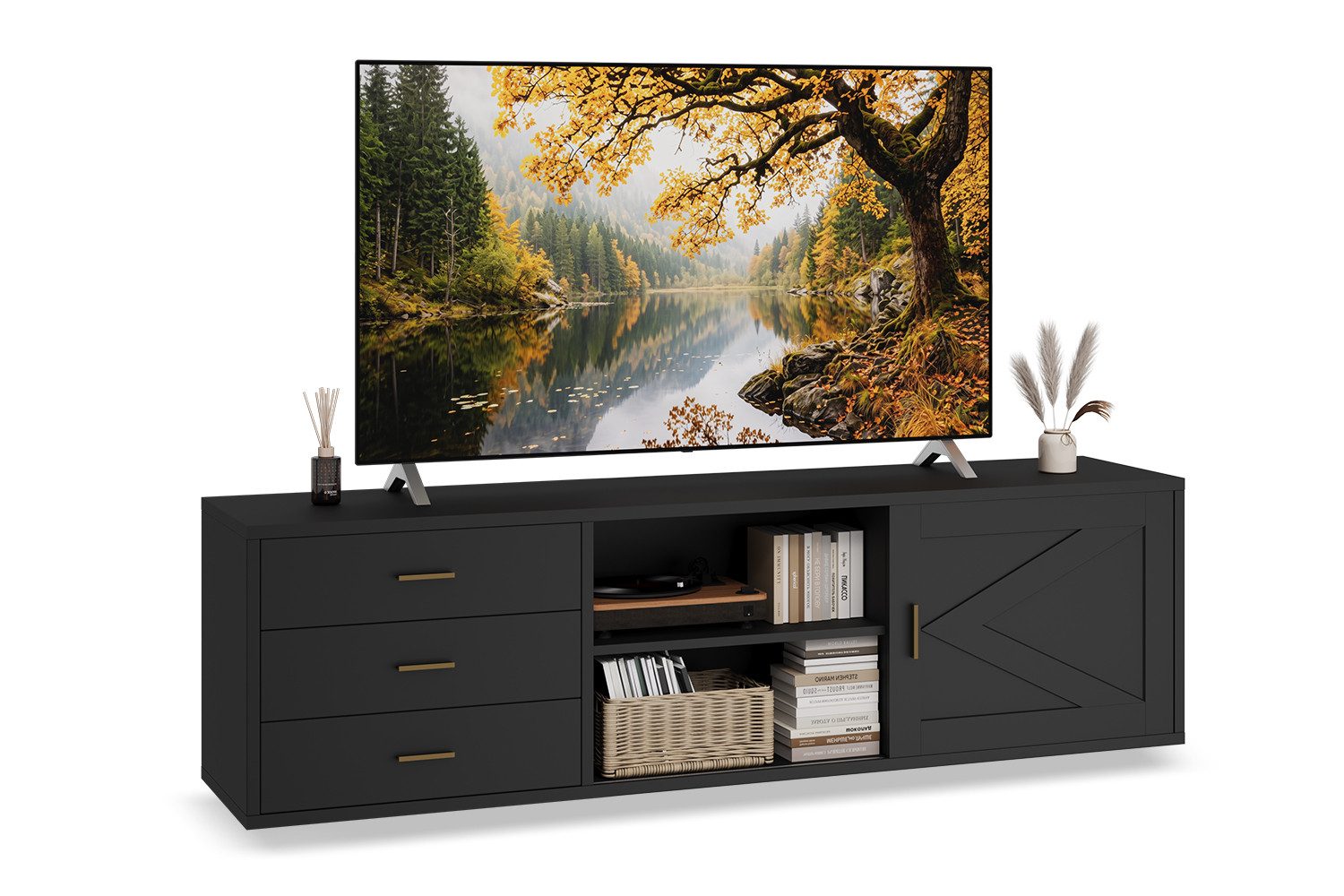 HOMAVO Lowboard TVG1 mit 3 Schubladen & Schiebetür, 160 - 180 cm (FSC®, viel Stauraum, pflegeleicht), Bodenstehendes TV-Lowboard mit Stauraum