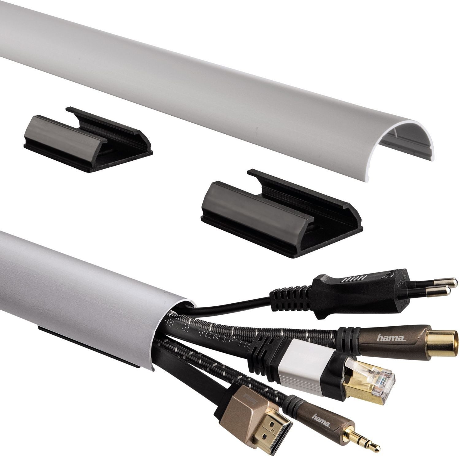 Hama Kabelkanal ALU Kabelkanal Kabel-Leiste Fußbodenkanal Silber (Set, Kabelkanal mit Zubehör), Kabelkanal halbrund Sockel Wand Boden Aufputz TV Beamer PC Audio HiFi von Hama
