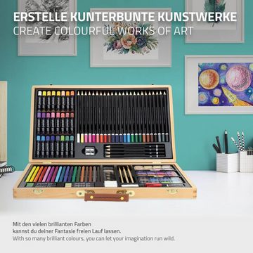 ECD Germany Malstift Malkasten Kunst-Zeichenset Zeichnen Künstler Set, 109-Teilig Holzkoffer Farbstifte Wasserfarben Ölpastellkreiden