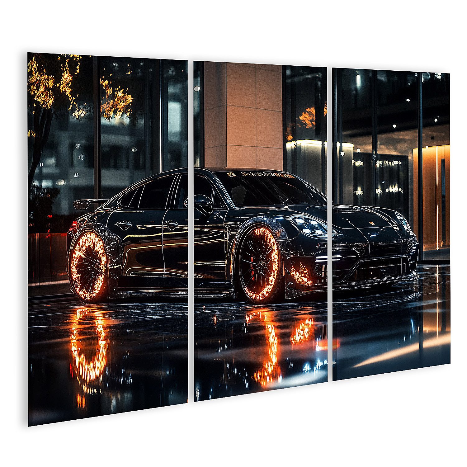 islandburner Leinwandbild, Schwarzes Auto mit leuchtenden Rädern bei Nacht