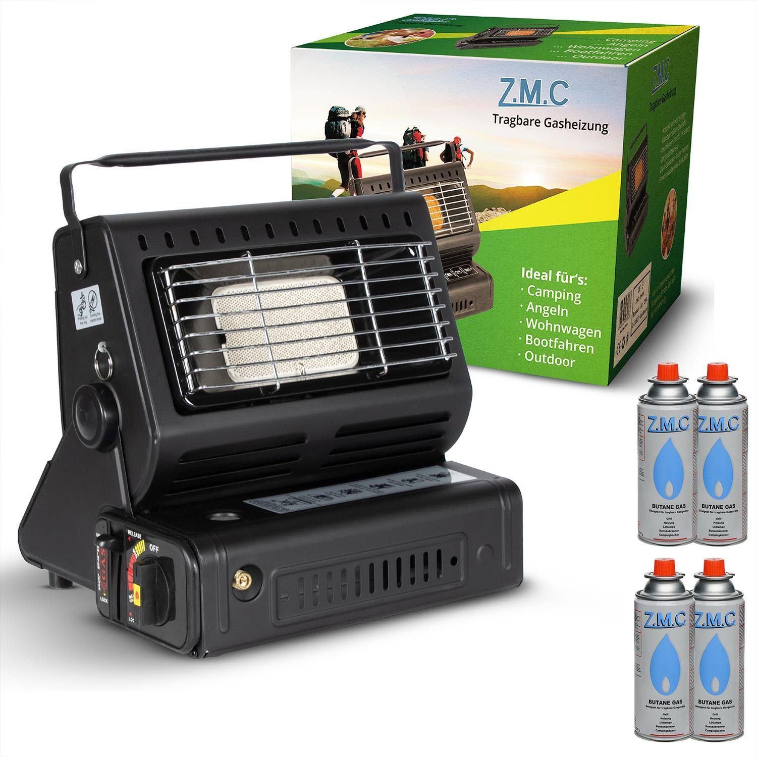 Z.M.C.GMBH Heizstrahler 2in1 Tragbare Camping Gaskocher Gasheizung + 4x Gaskartuschen MSF-1A, 227g Camping Heizung Heizstrahler Zeltheizung Butangas Campingkocher