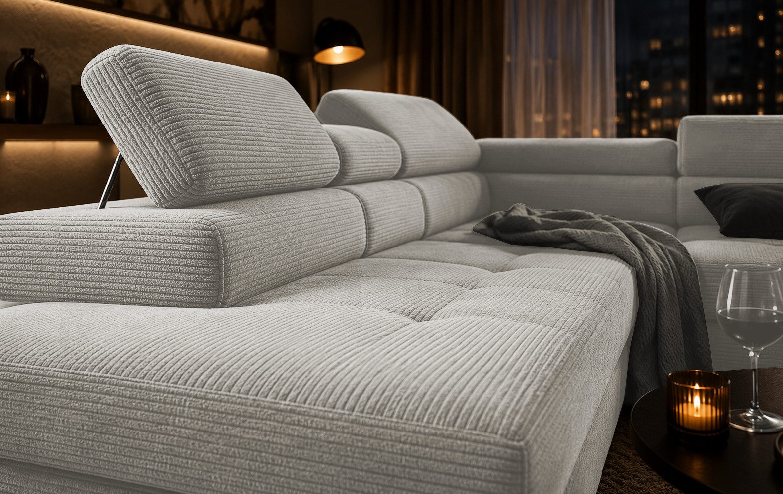 Goldstoff Ecksofa mit Schlaffunktion, Cord Couch für Wohnzimmer - Cord Ecksofa, Cord Sofa VOYAGE 2 Teile, Großer Bettkasten