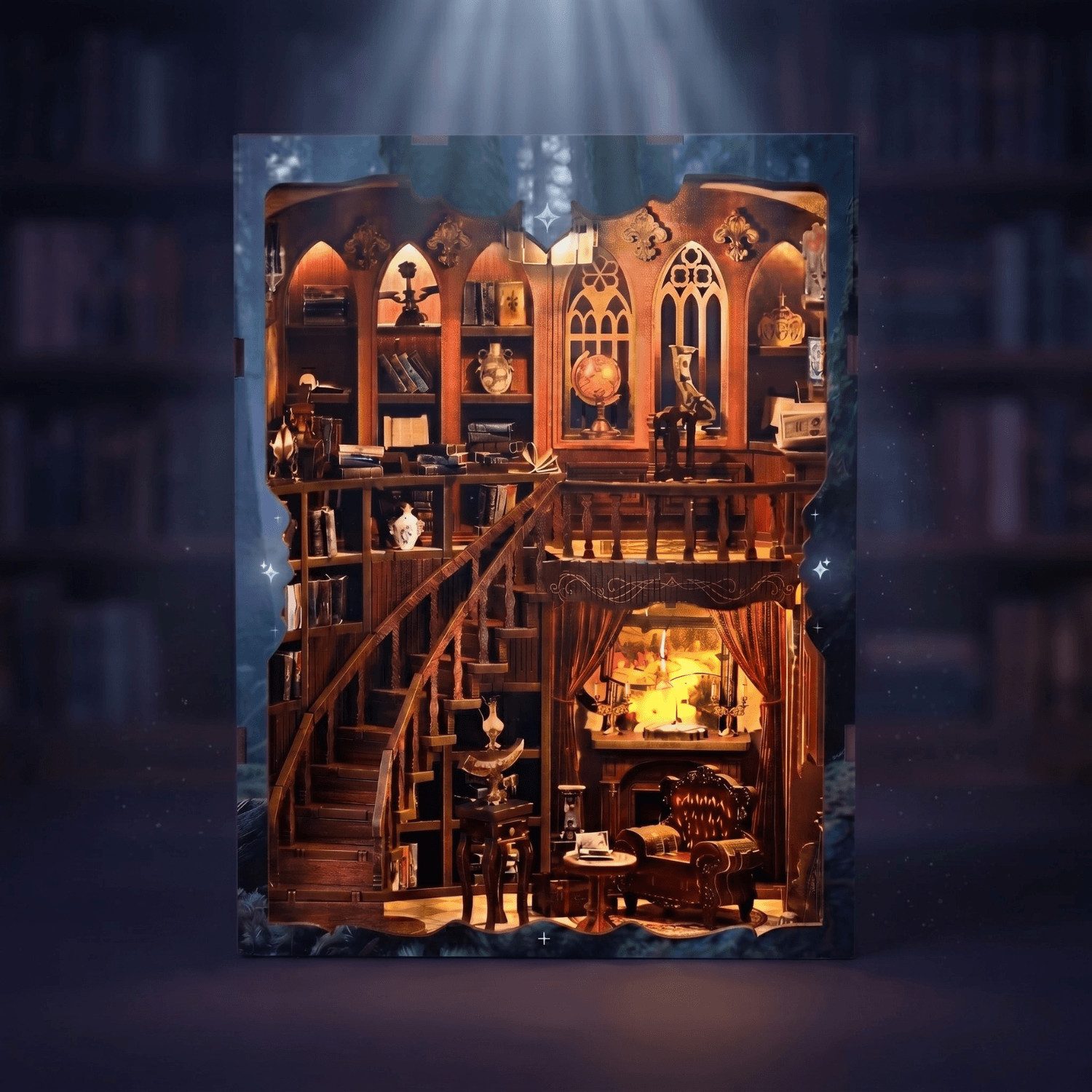 MagicHolz Buchstütze Twilight Midnight Study Diorama aus Holz, mit LED-Beleuchtung – Bild 5 von 5