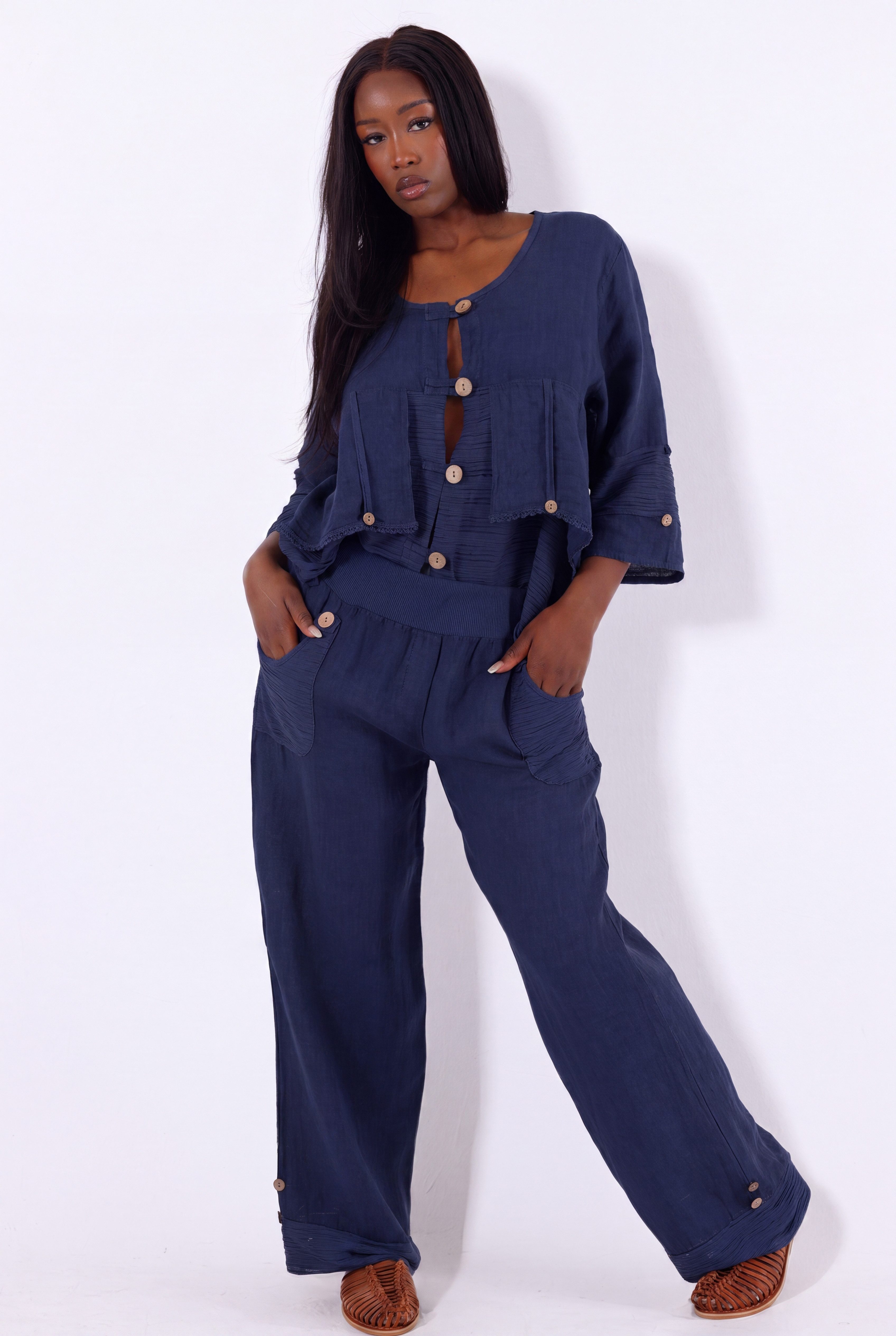 YC Fashion & Style Hosenanzug Boho Leinen-Zweiteiler aus 100 % Leinen mit Knopfdetails 2 teiliges Set