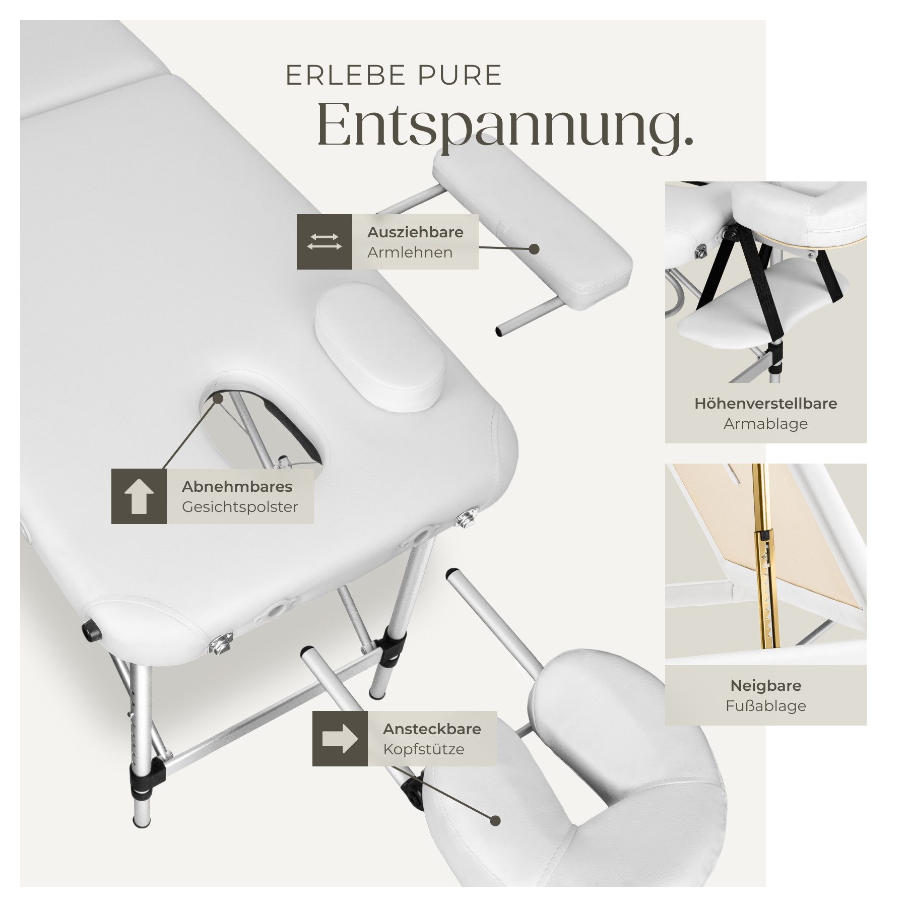 tectake Massageliege Massagetisch klappbar höhenverstellbar Aluminiumgestell 61cm 5cm (Set, 1-St., mit Tragetasche), Mit Tragetasche und abnehmbaren Kopf- und Armablagen für Komfort