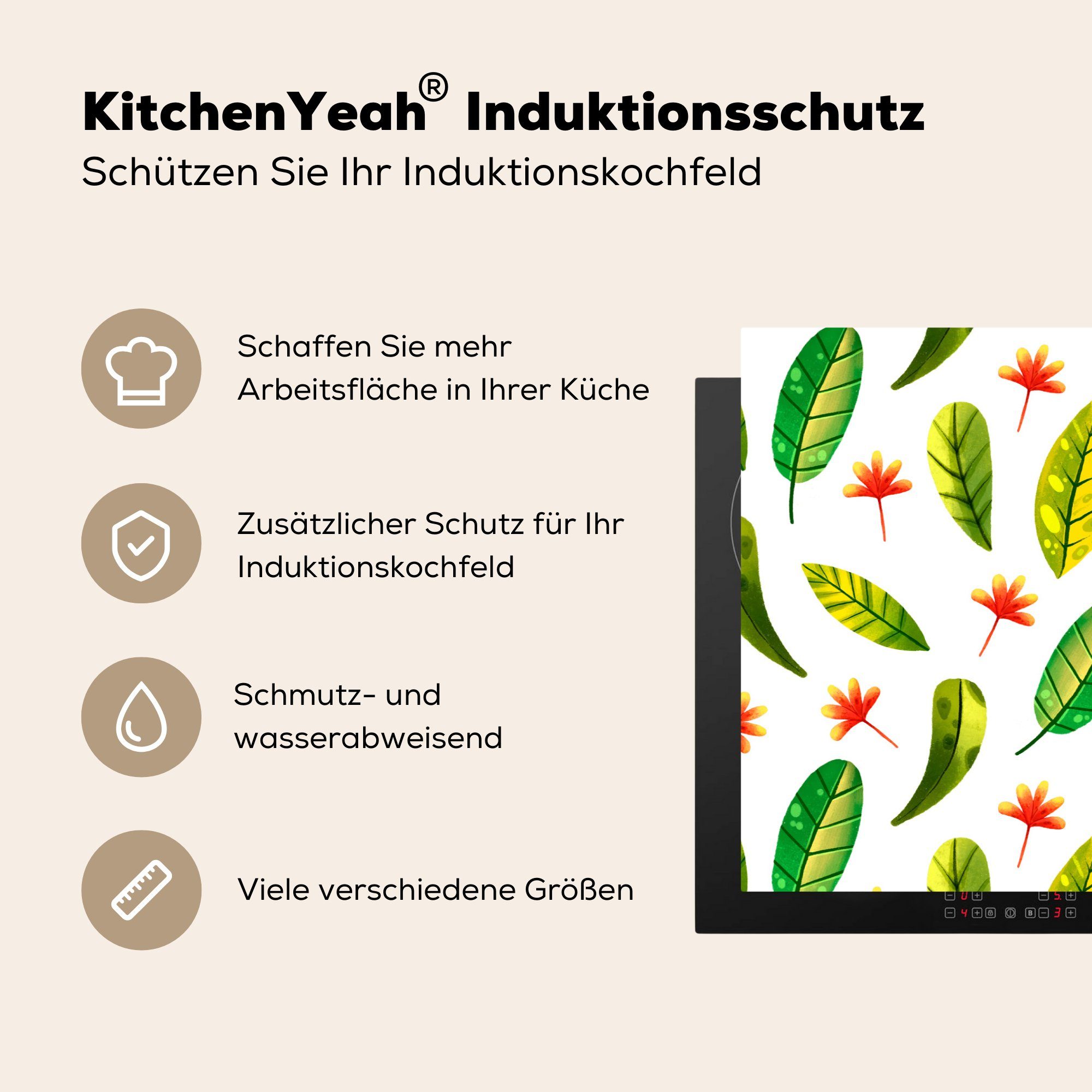 MuchoWow (1 - Vinyl, - 81x52 küche, Ceranfeldabdeckung Schutz Blätter Dschungel Herdblende-/Abdeckplatte für die Induktionskochfeld cm, tlg), Rot,