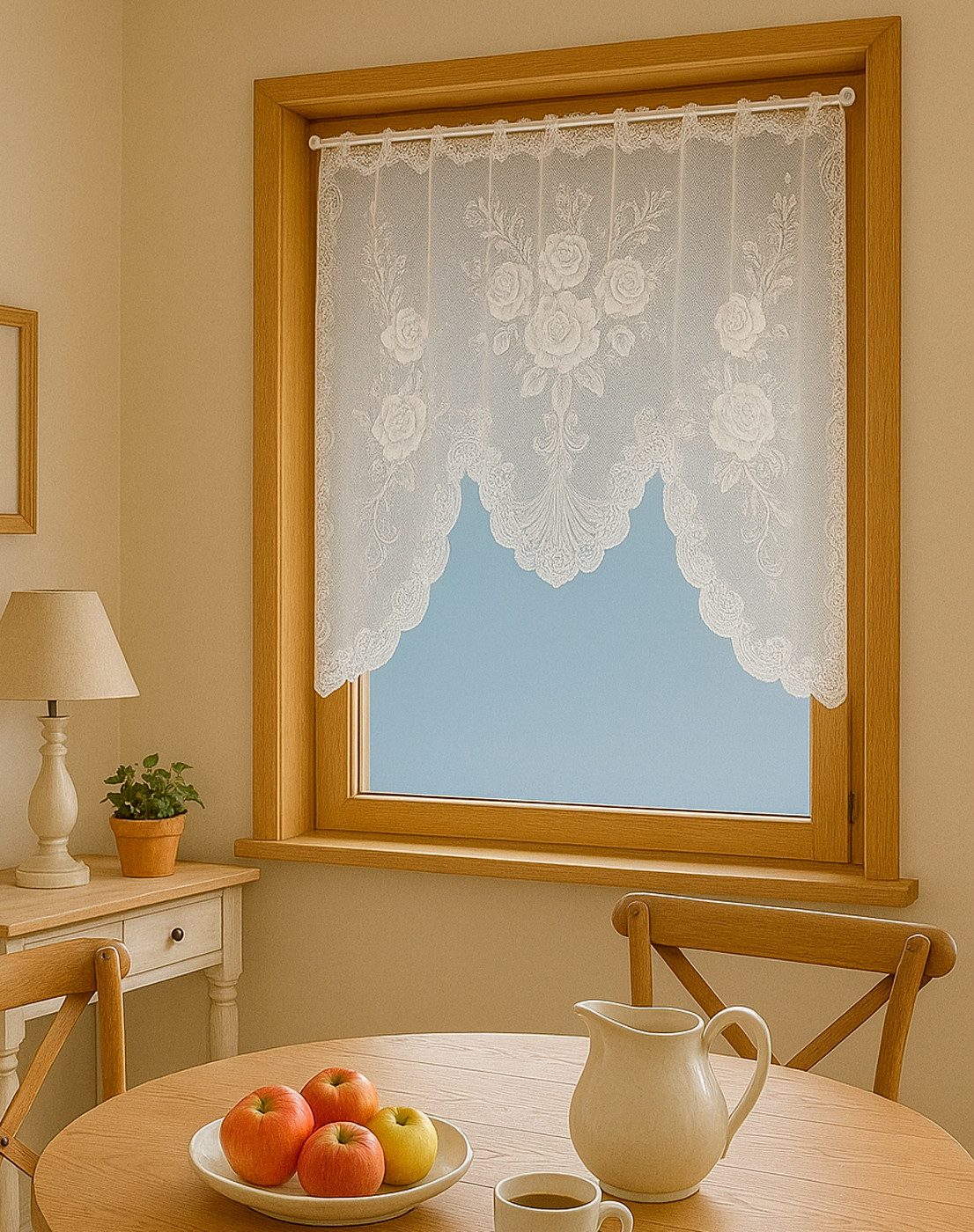 heimtexland Scheibengardine Jacquard Gardine M Bogen gerafft Fensterbild weiß (1 St), Stangendurchzug, halbtransparent, Jacquard, Blumen Bordüre I gebogt I durchscheinend