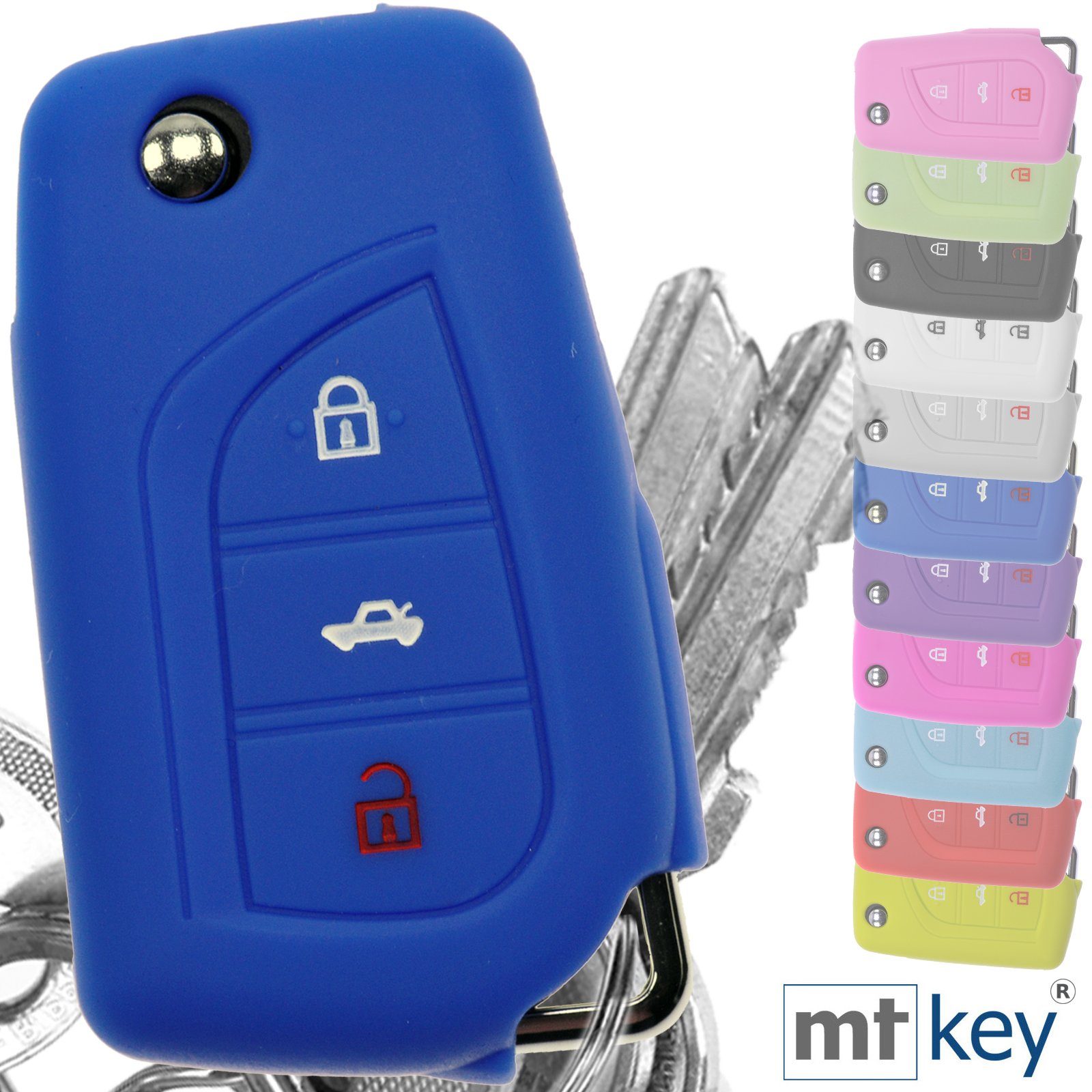 Toyota Softcase Autoschlüssel mt-key Silikon für Schutzhülle 3 Blau, AURIS Avensis Corolla Tasten Klappschlüssel Schlüsseltasche