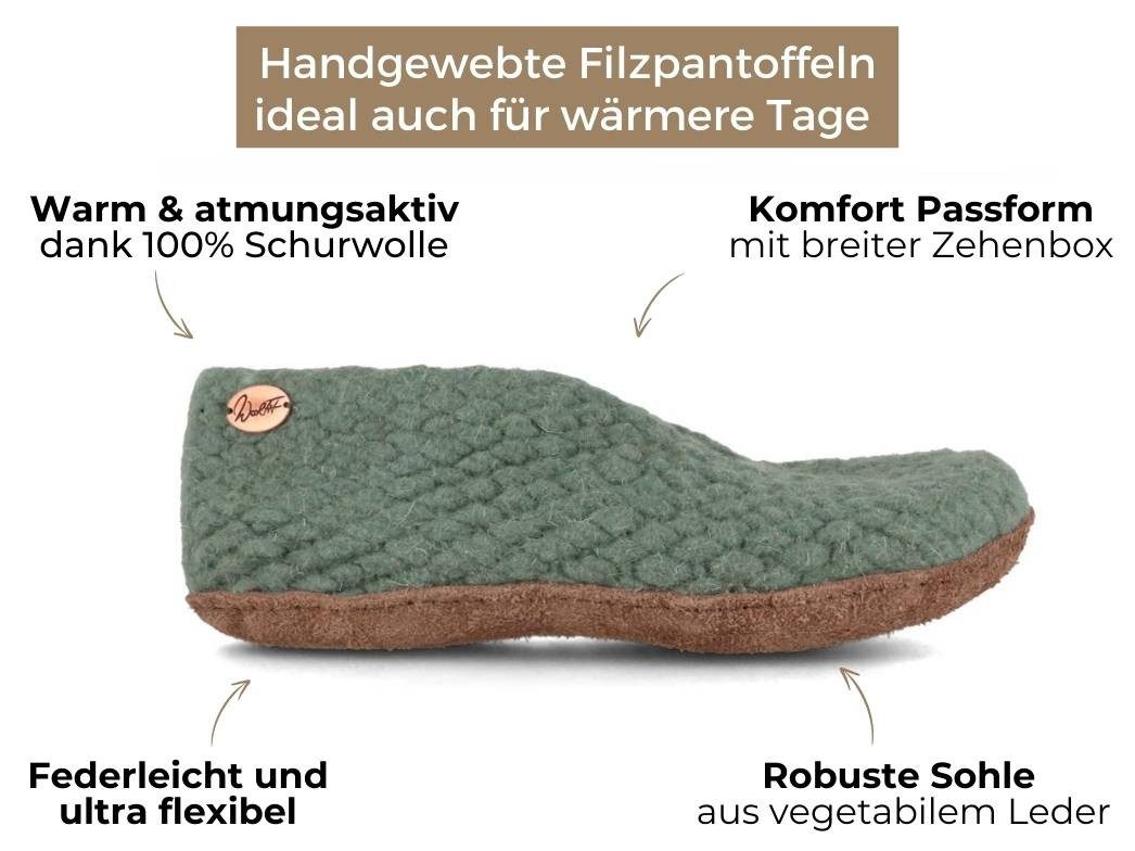 WoolFit Woolies handgewebte Hüttenschuhe Hausschuhe Hausschuh aus 100% natürlicher Wolle