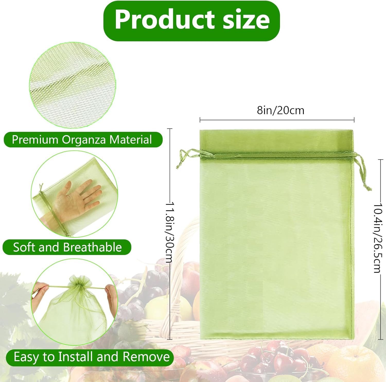 FELIXLEO Pflanzenschutzdach 50er Traubenschutzbeutel Grün 20x30cm, Organza Obstnetze mit Zugband – Bild 2 von 5