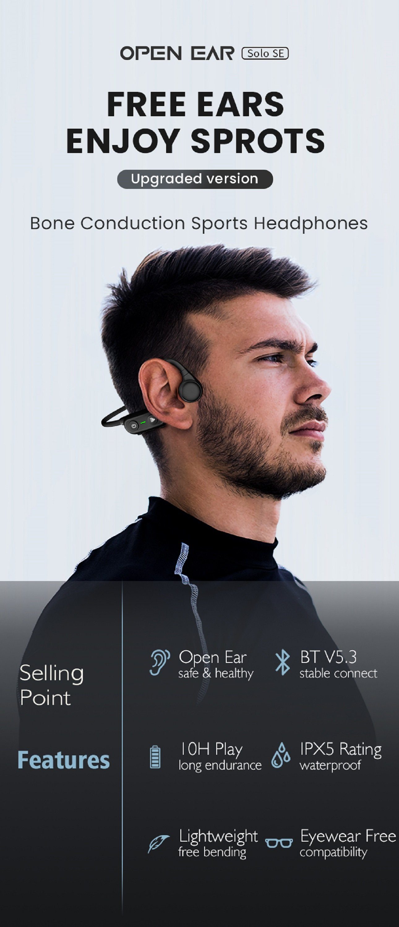 Open Wireless Joggen Bone MIRUX Wandern Hören, Laufen zum Sport-Kopfhörer SoloSE Schwarz Radfahren (Bluetooth, Doppelt Er) Ear Wireless,