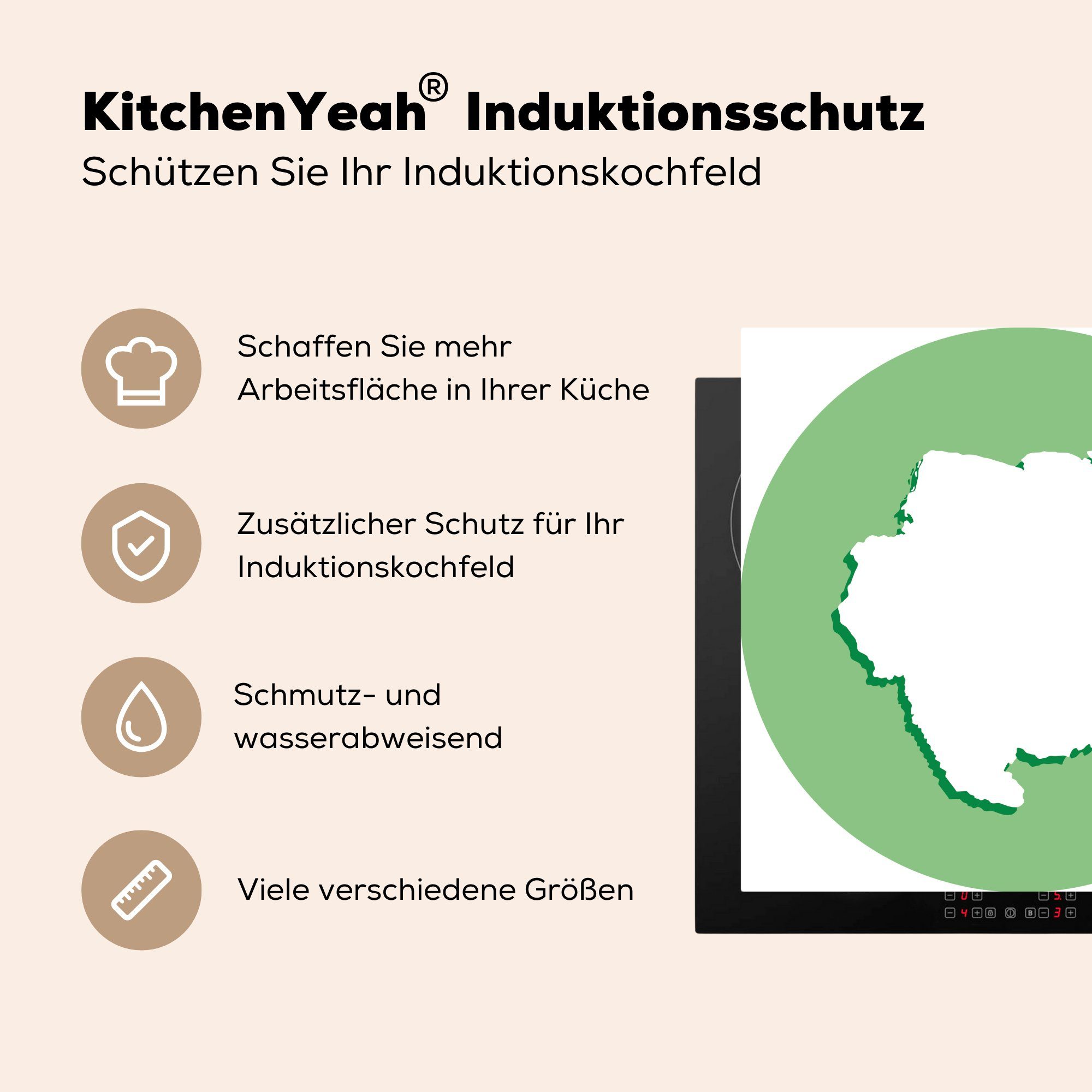 MuchoWow Herdblende-/Abdeckplatte Die illustrierten in (1 küche einem Piktogramm, von für tlg), 78x78 Grenzen Suriname Arbeitsplatte grünen cm, Ceranfeldabdeckung, Vinyl