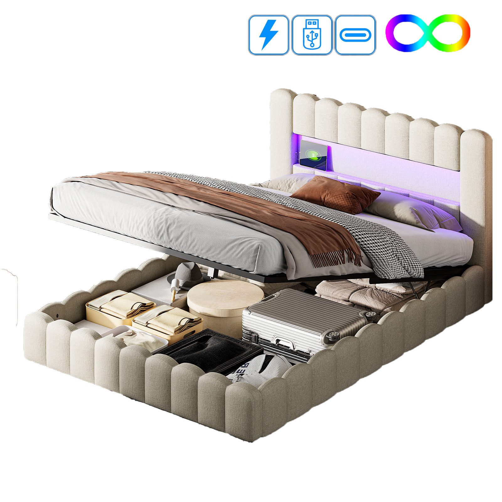 FUROKOY Boxspringbett 140x200cm LED Doppelbett Stauraumbett günstig online kaufen