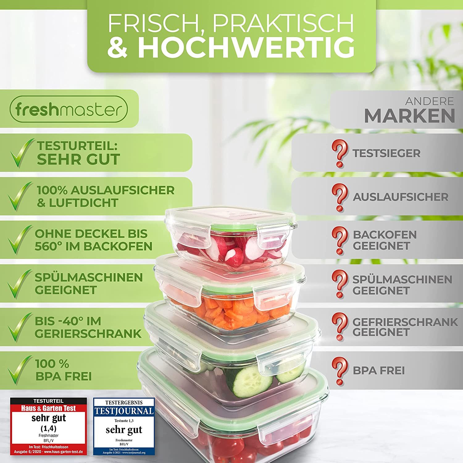 Fresh Master Frischhaltedose 16-tlg. Glas Vorratsdosen Set Frischhaltedosen auslaufsicher luftdicht, Borosililatglas, (Spar-Set), 100% auslaufsichere + luftdich – Bild 4 von 5
