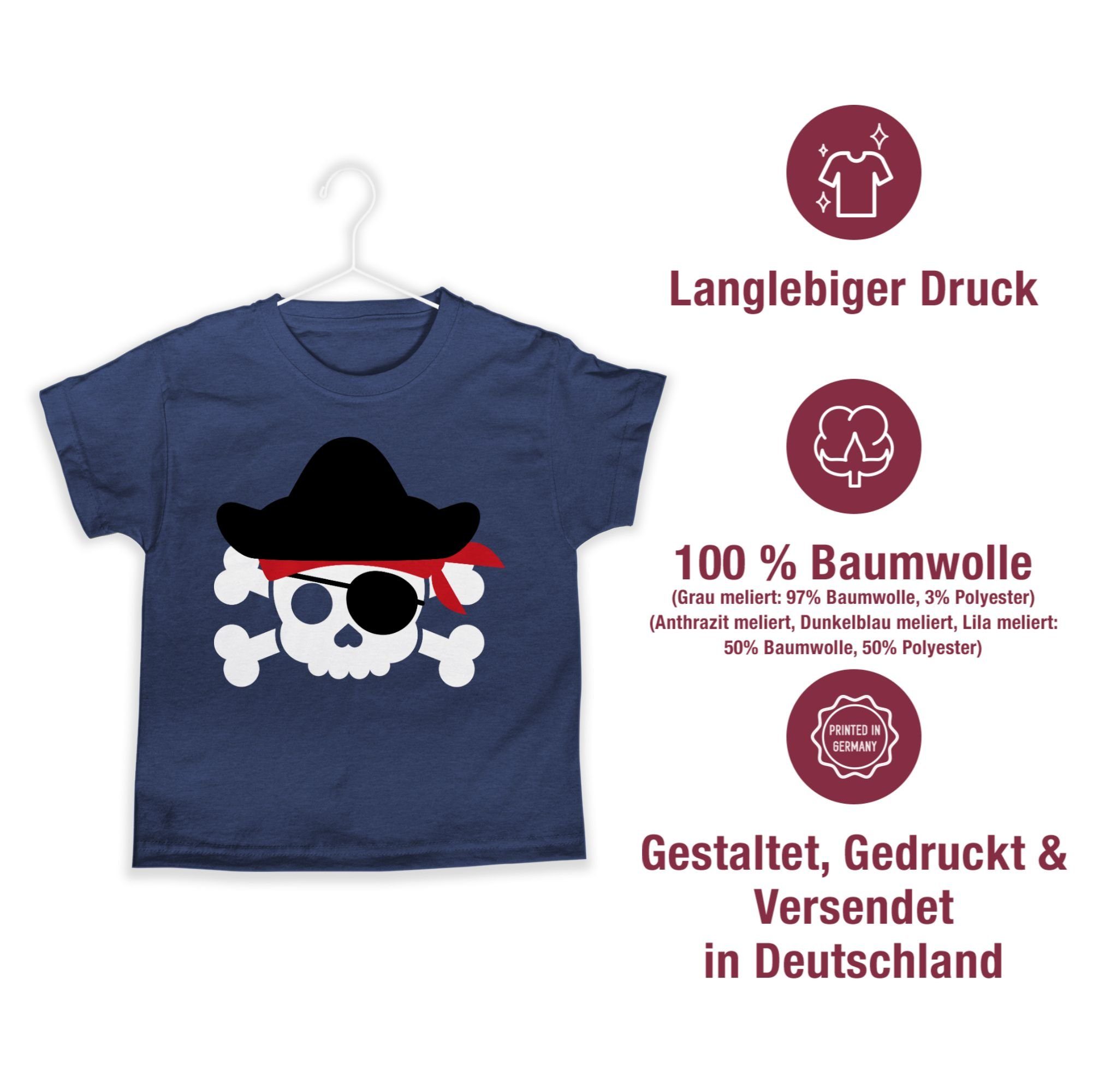 Shirtracer T-Shirt Piratenkopf Kostüm Karneval Totenkopf Dunkelblau Piraten & Geburtstags 3 Pirat Meliert Fasching Piratenkostüm 