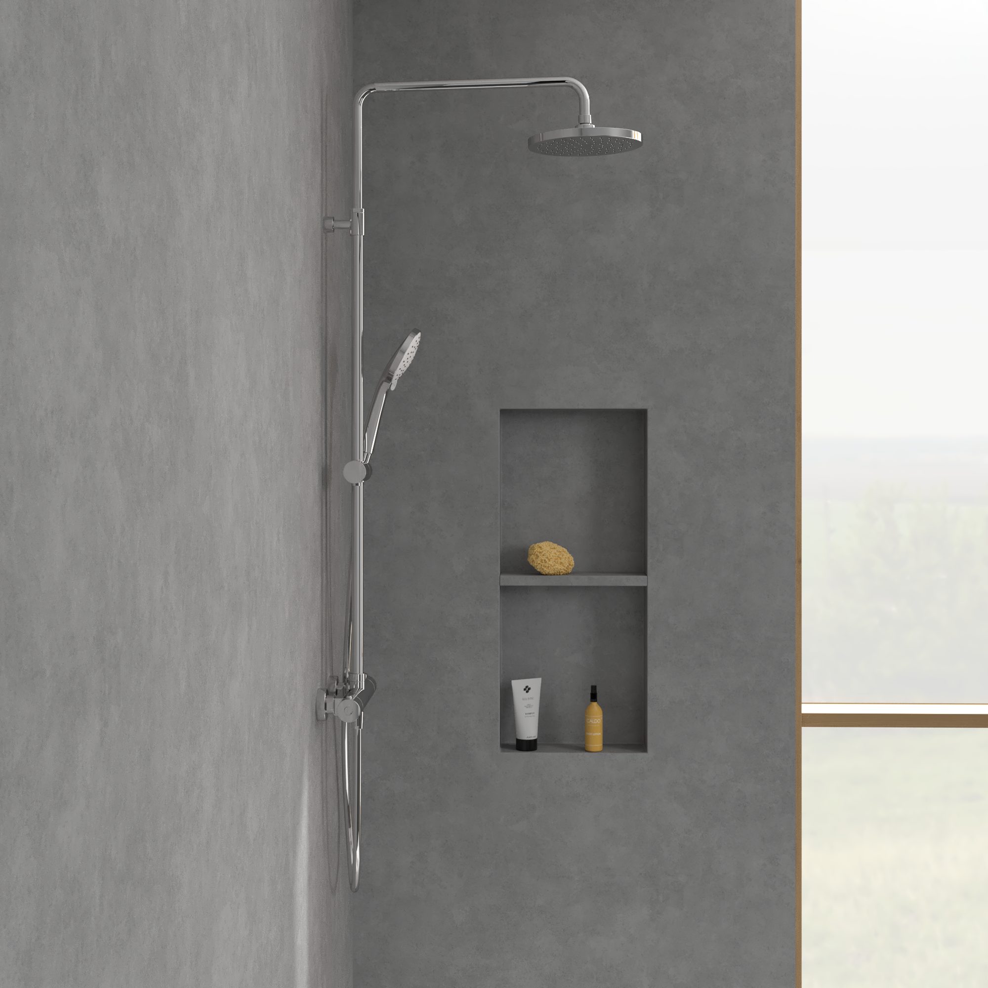 Villeroy & Boch Duscharmatur Universal Showers Regendusche mit Handbrause (Duschstange mit Gleitschieber, Thermostat und Handbrause) mit drei Strahlarten, Schlauch 1600mm, höhenverstellbar, Chrom