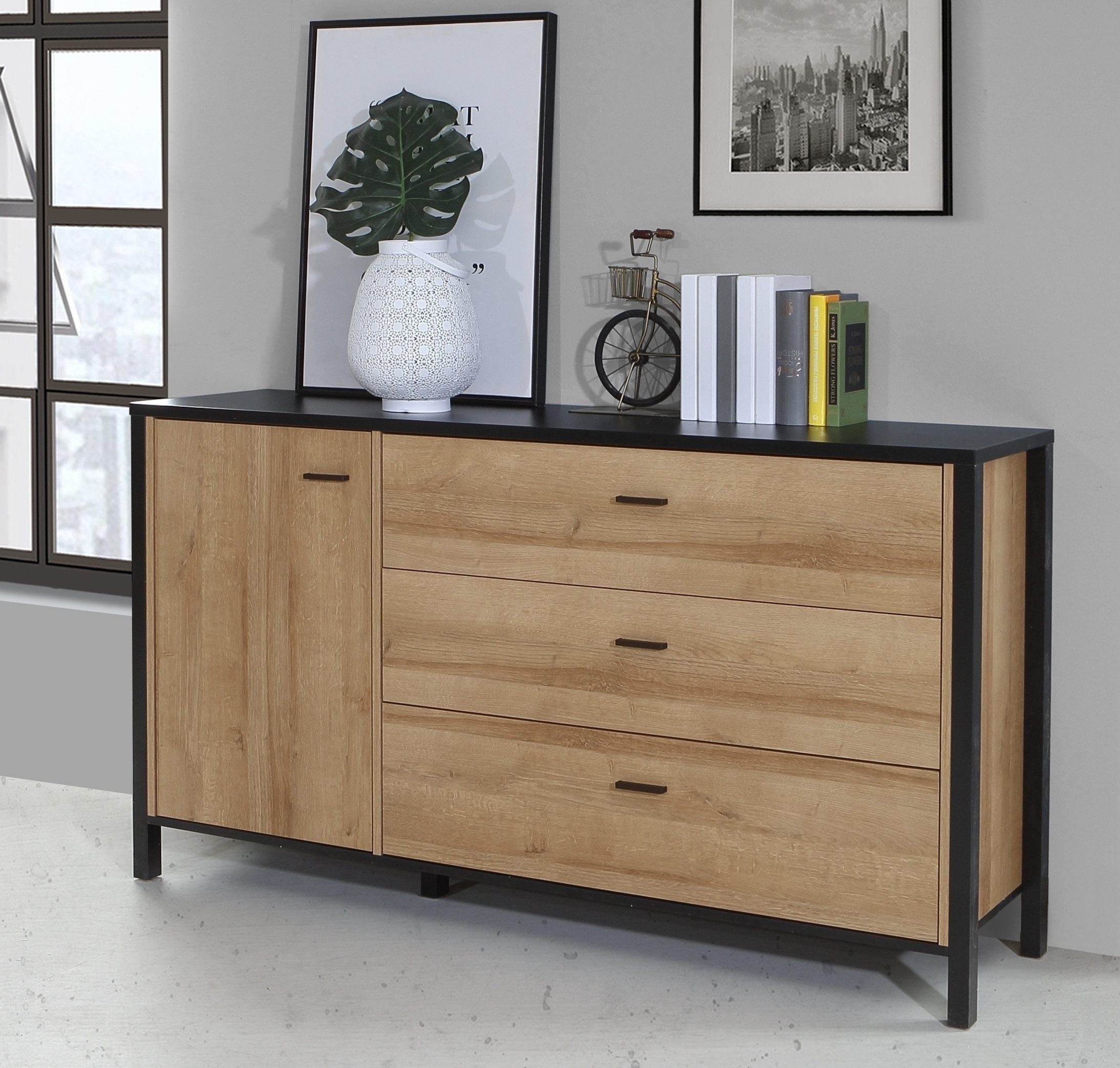 freiraum Sideboard HIGH ROCK, Schwarz/ Riviera Eiche, 3 Schübe, 1 Tür - 151,3x85,1x40,2cm (BxHxT)
