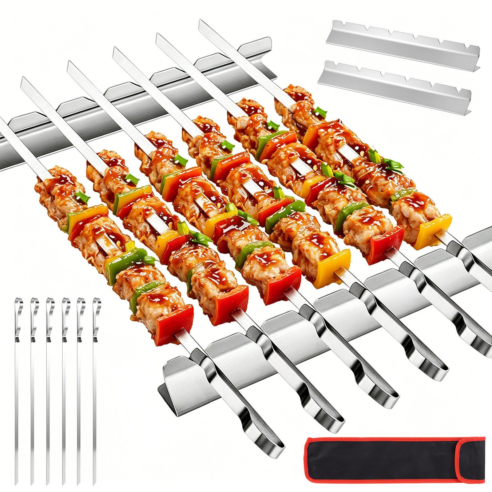 BlingBin Grillspieß Edelstahl Set, 6 Stück Schaschlikspieße mit Grillspießhalter (6er Set, 9-St., Maße der Grillspieße: 41,5 × 0,8 cm), 41,5cm Lange BBQ-Spieße für Fleisch Gemüse, Outdoor Barbecue