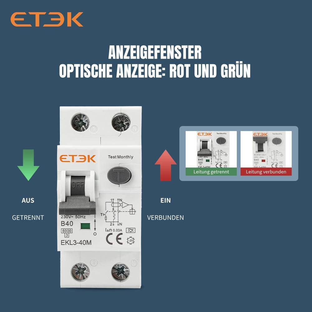 ETEK Electric Schalter ETEK FI-Schutzschalter/Leitungsschutzschalter 6kA 1P+N 40A 30mA EKL3, Auslösecharakteristik B, FI/LS (RCBO)