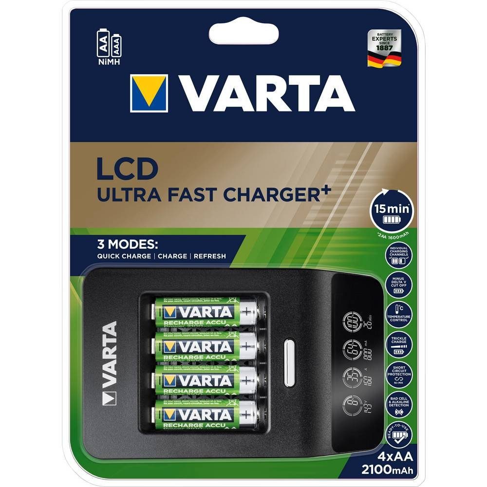 VARTA LCD Ultra Fast Ch.+ 4x AA 56706 2100mAh +12V 57685101441 Rundzellen-Lader (Akku-Defekt Erkennung, Auffrischen / Regenerieren)