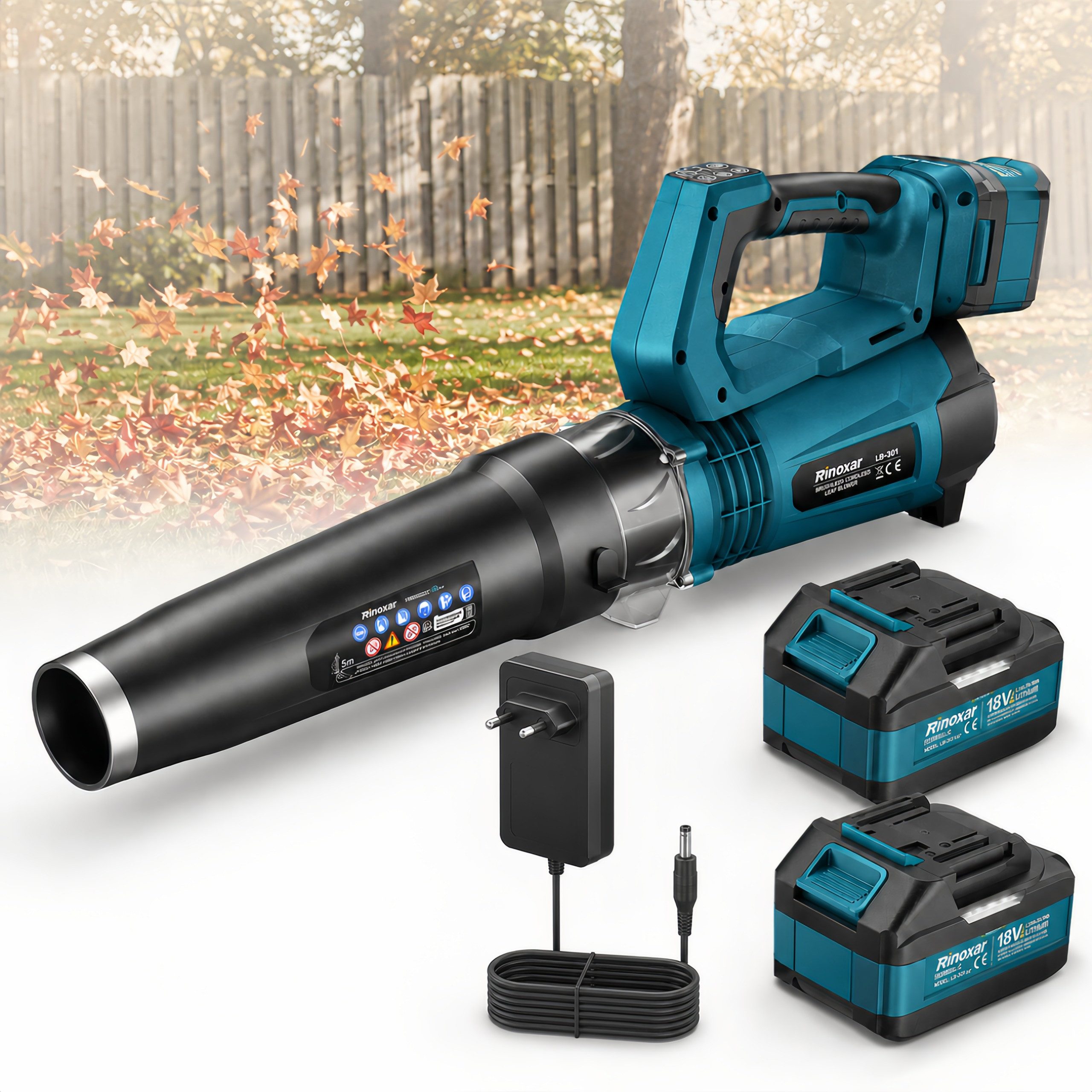 Rinoxar Akku-Laubbläser Akku-Laubbläser 850W 180 km/h mit 2x 5200mAh Akku & Turbo, 5 Stufen, 800 m³/h, bürstenloser Motor, leicht & handlich