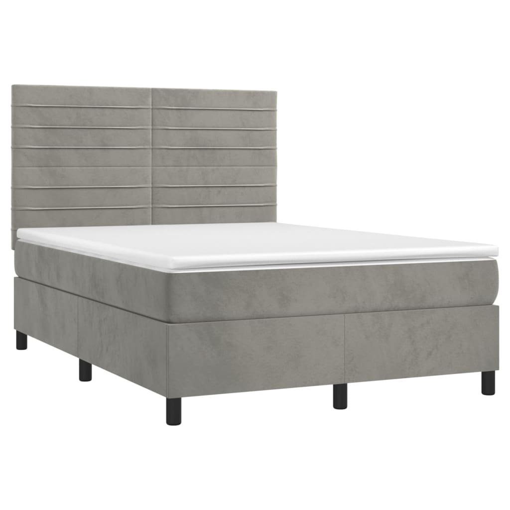 vidaXL Bett Boxspringbett mit Matratze & LED Hellgrau 140x200 cm Samt