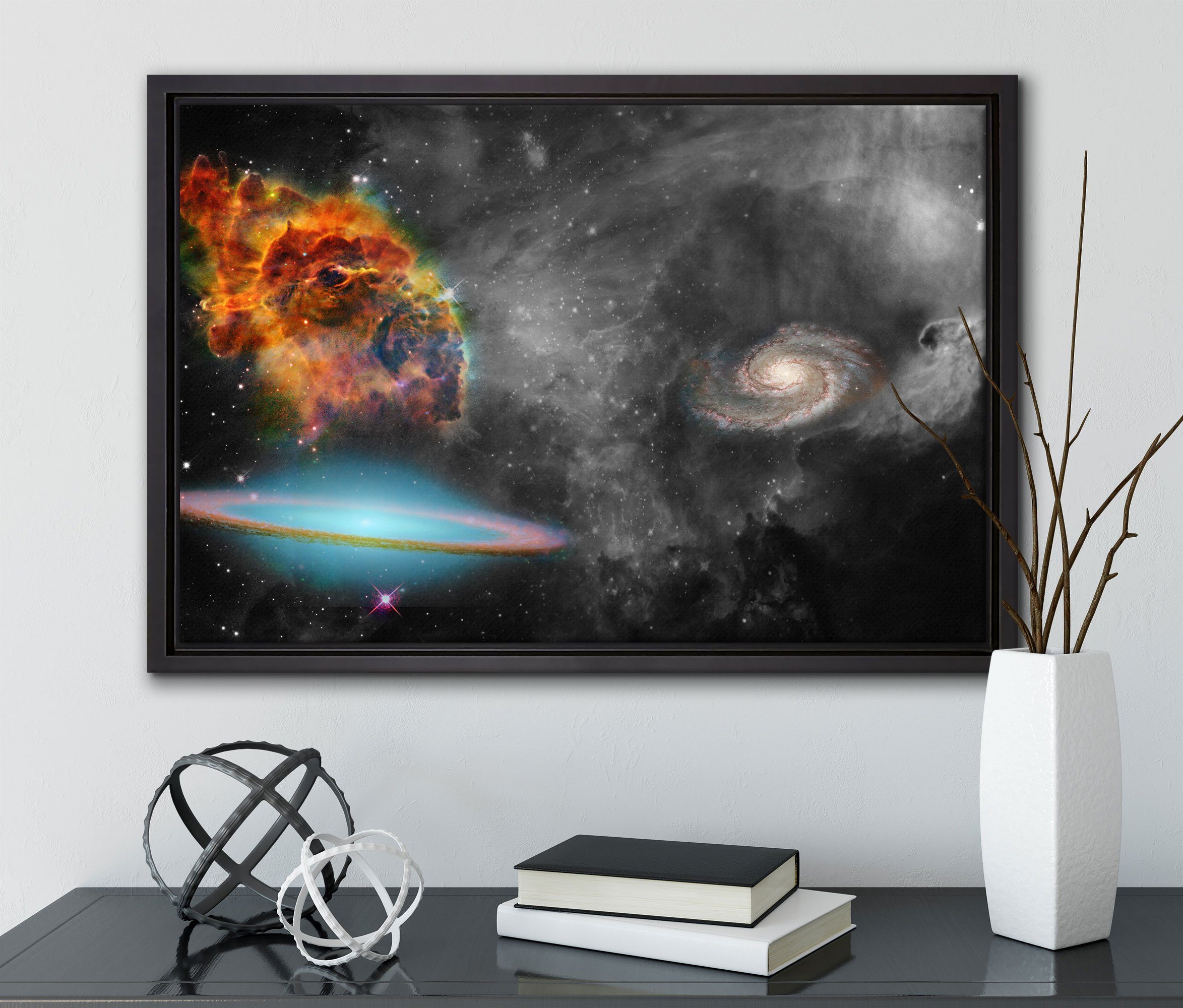Pixxprint Leinwandbild beeindruckende Galaxie, (1 St), Zackenaufhänger bespannt, fertig in gefasst, Wanddekoration inkl. Leinwandbild einem Schattenfugen-Bilderrahmen