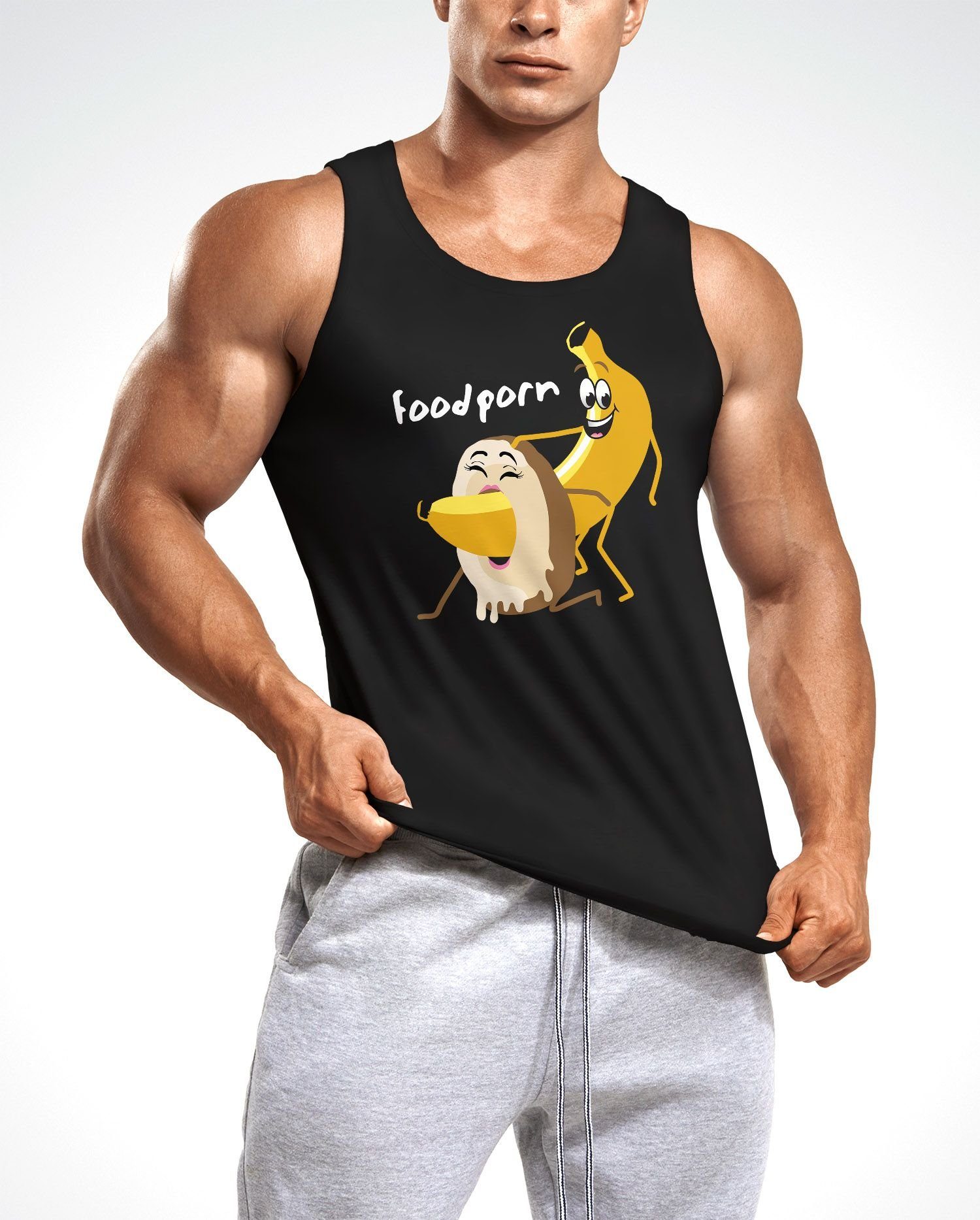 MoonWorks Tanktop Herren Tanktop Food Porn Motiv Spruch lustig Banane Donut Muscle mit Print