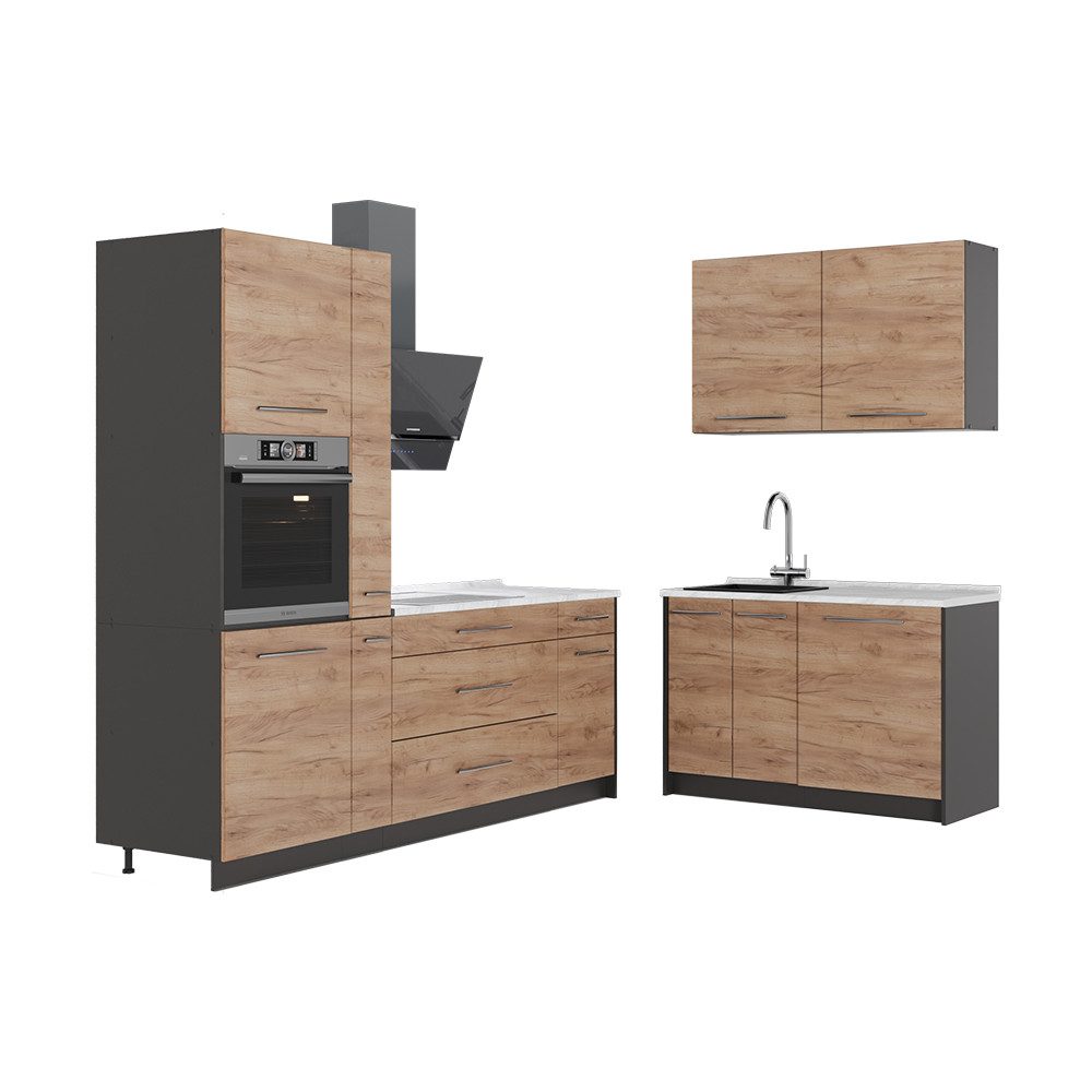 Vicco Winkelküche Fame-Line, Goldkraft Eiche/Anthrazit, 220 x 120 cm, AP Marmor