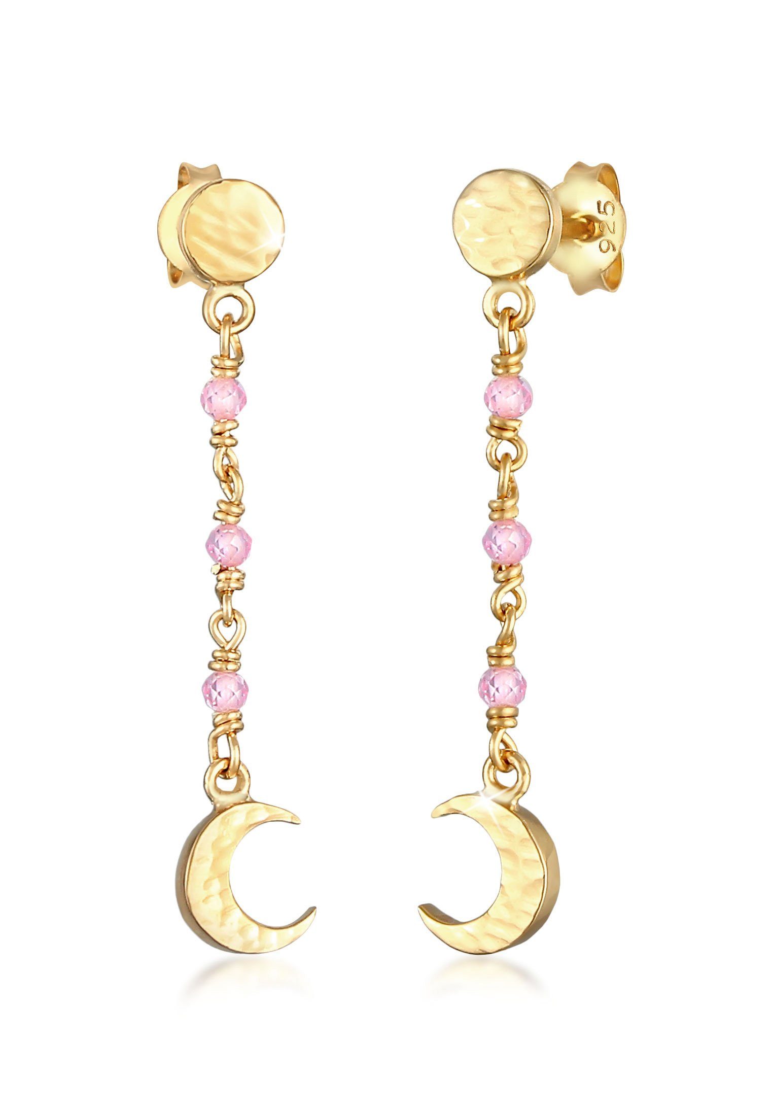 Elli Paar Ohrhänger Mond Plättchen Struktur Rosa Quarz 925 Silber, Astro, Halbmond Gold