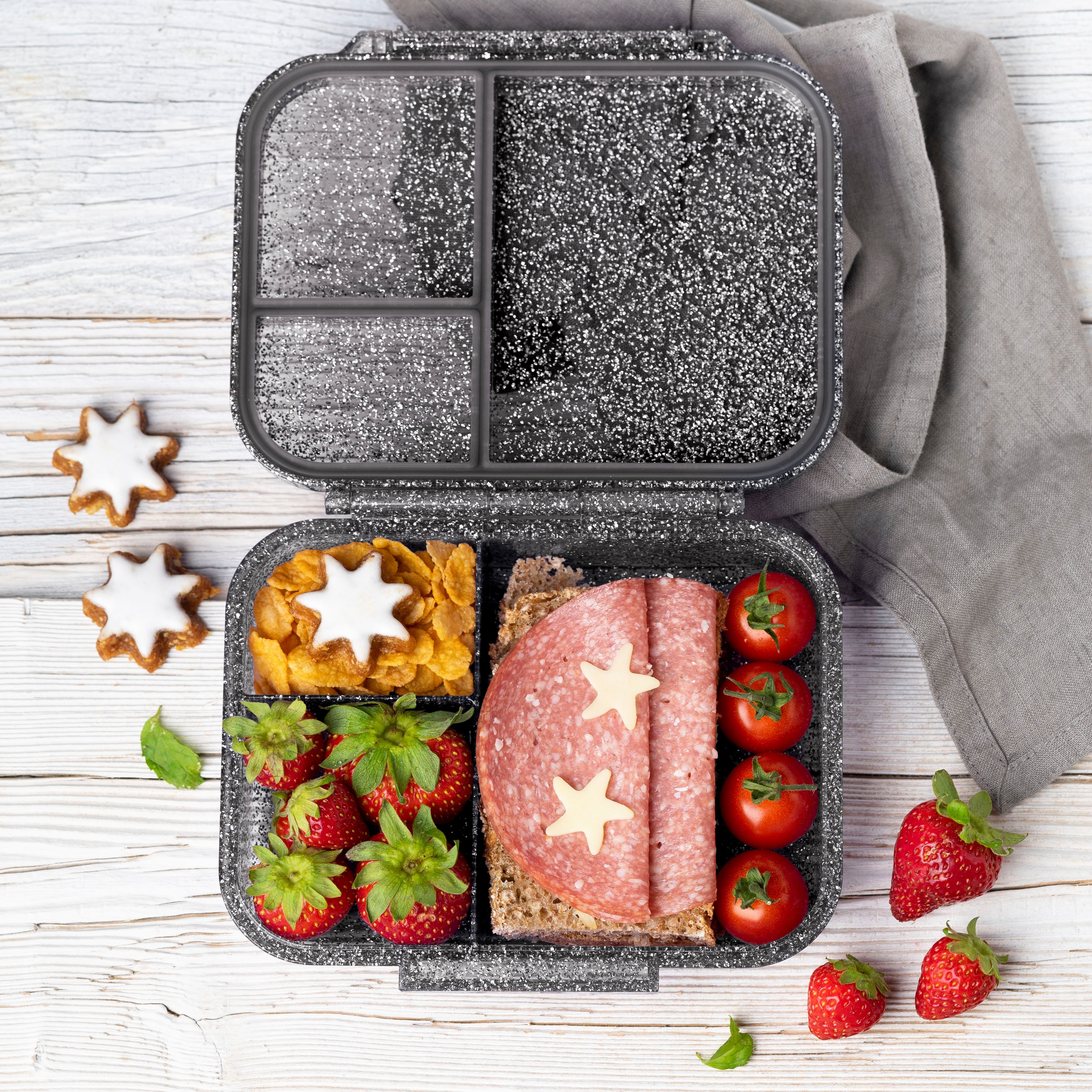 LEKKABOX Lunchbox Mini Glitzer Brotdose, 3 Fächer - Kinder Bento Box Vesperdose Brotbox, Für feuchte Lebensmittel auslaufsichere Bento Box, inkl. extra Trenner