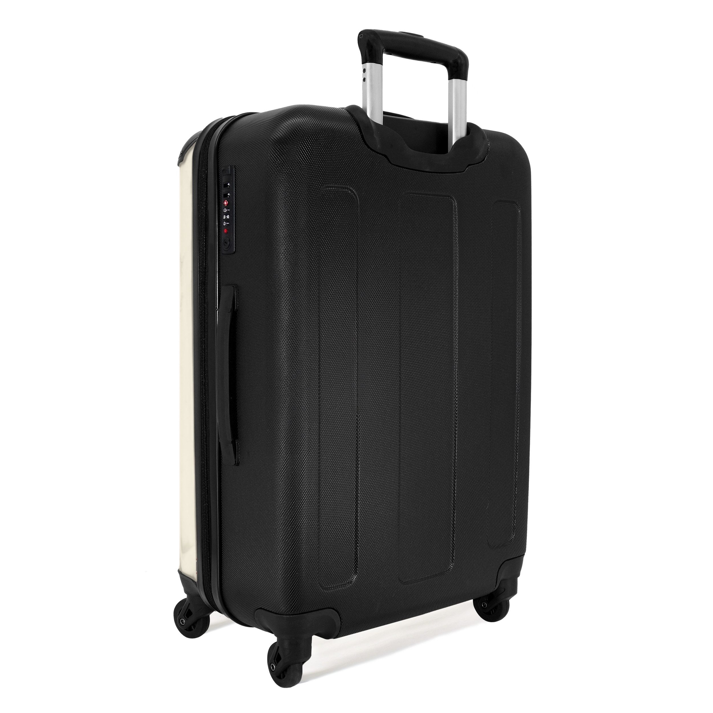 NoBoringSuitcases.com© Hartschalen-Trolley mit leuchtende Räder - Cremefarbener Hintergrund mit zentralem dreifar, 4 Rollen, Koffer Mittelgroß für 20kg, Suitcase für Erwachsene, Reisekoffer