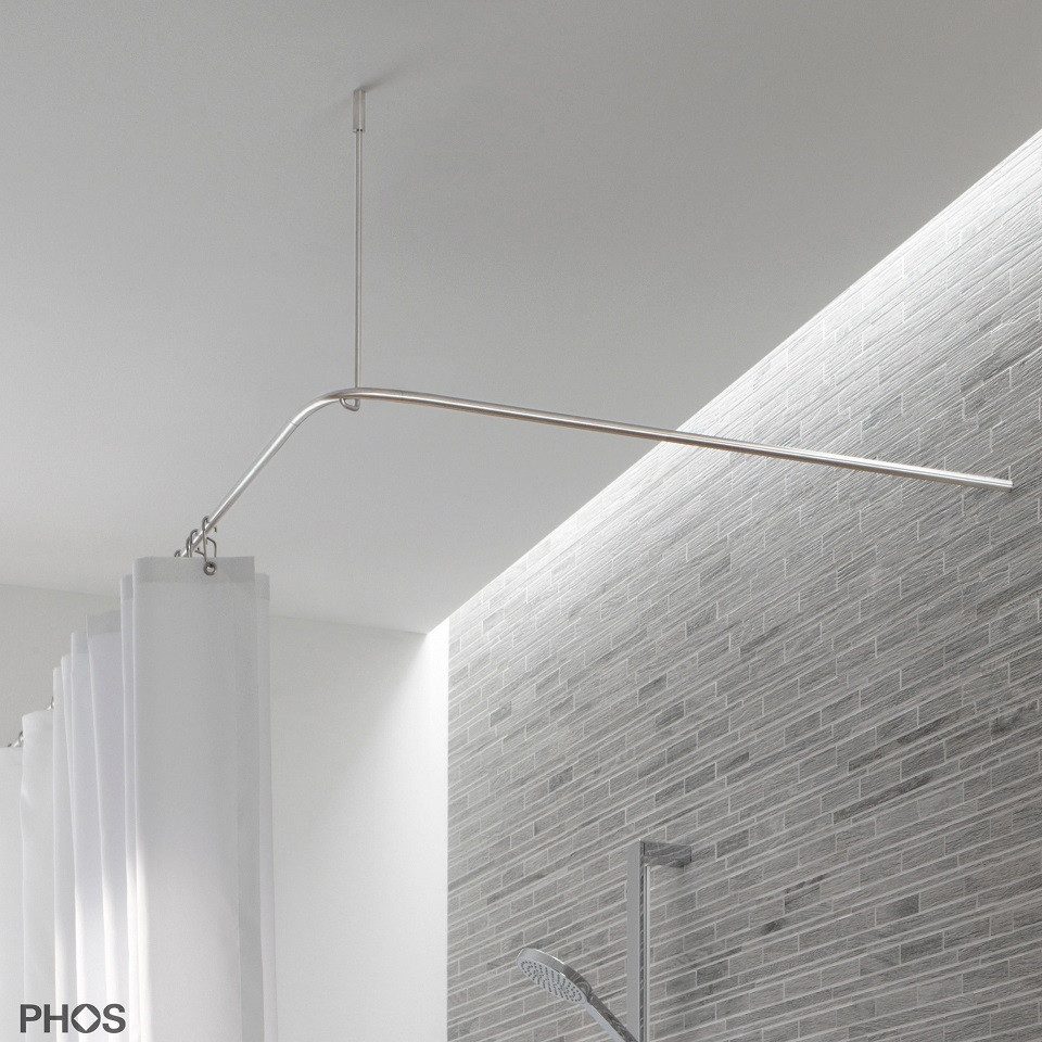 PHOS Design Duschvorhangstange aus Edelstahl in L-Form für Badewannen zur Wand-/ Deckenmontage, - 100% Made in Germany