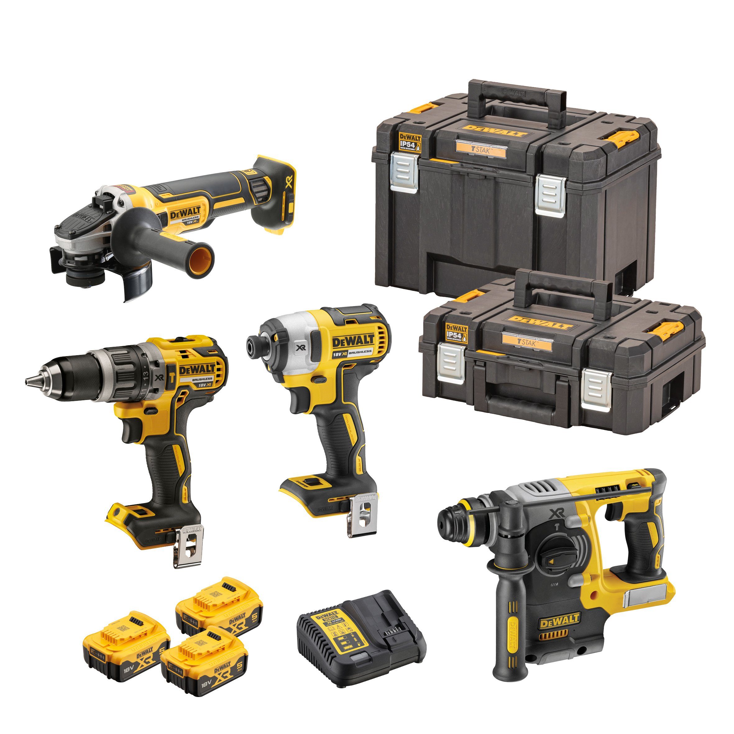 DeWalt Elektrowerkzeug-Set DCK422P3T-QW 18V/5Ah, Schlagbohrschrauber DCD 796, Schlagschrauber DCF 887, Bohrhammer DCH 273, Winkelschleifer DCG 405, 3x Akkus DCB 184