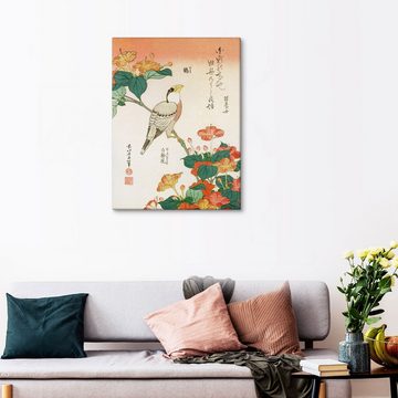 Posterlounge Leinwandbild Katsushika Hokusai, Mirabilis Jalapa und Kernbeißer, Wohnzimmer Malerei