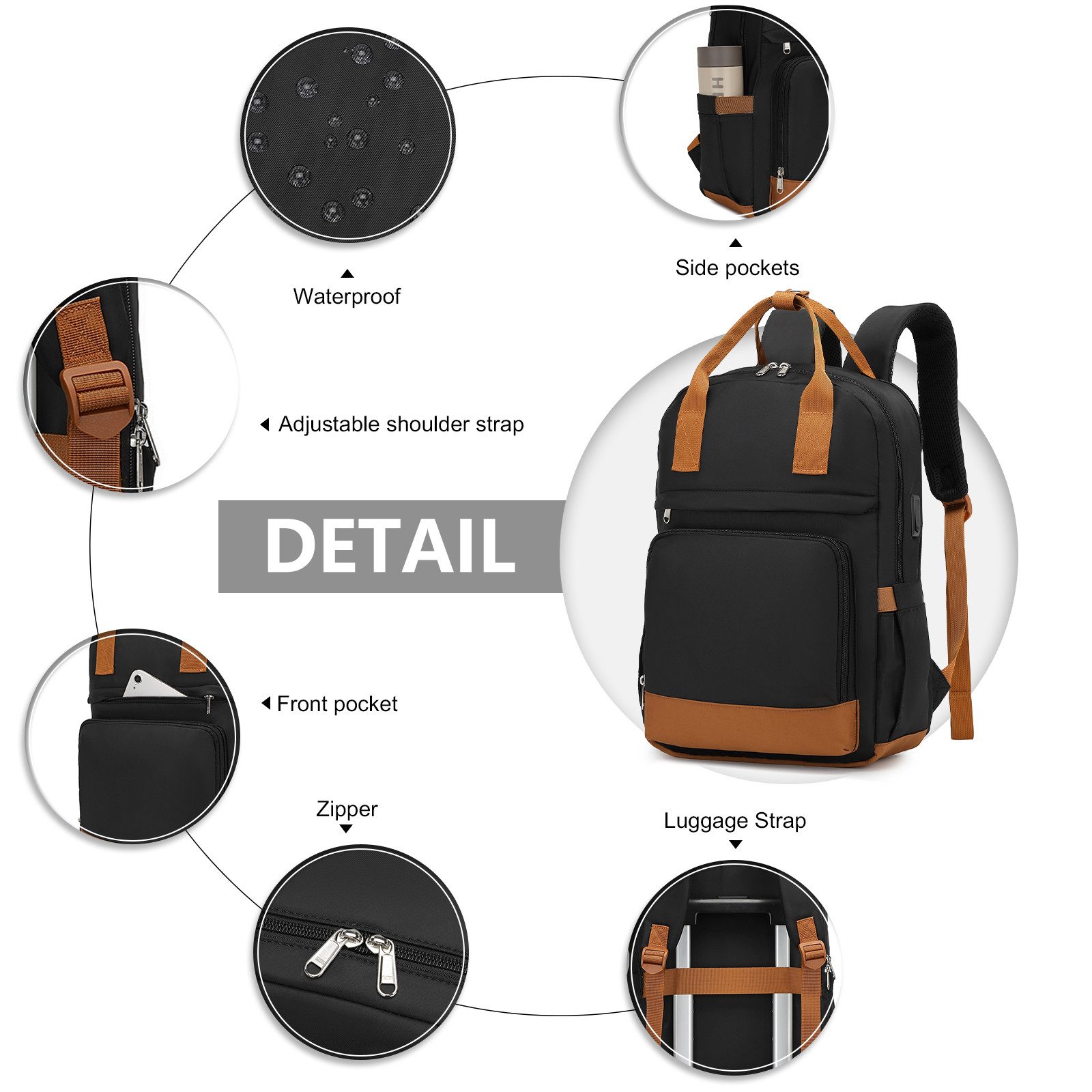 KONO Daypack Elegant Backpack for Women (42x29x17cm) Waterproof with USB Charging Function (2-piece set)