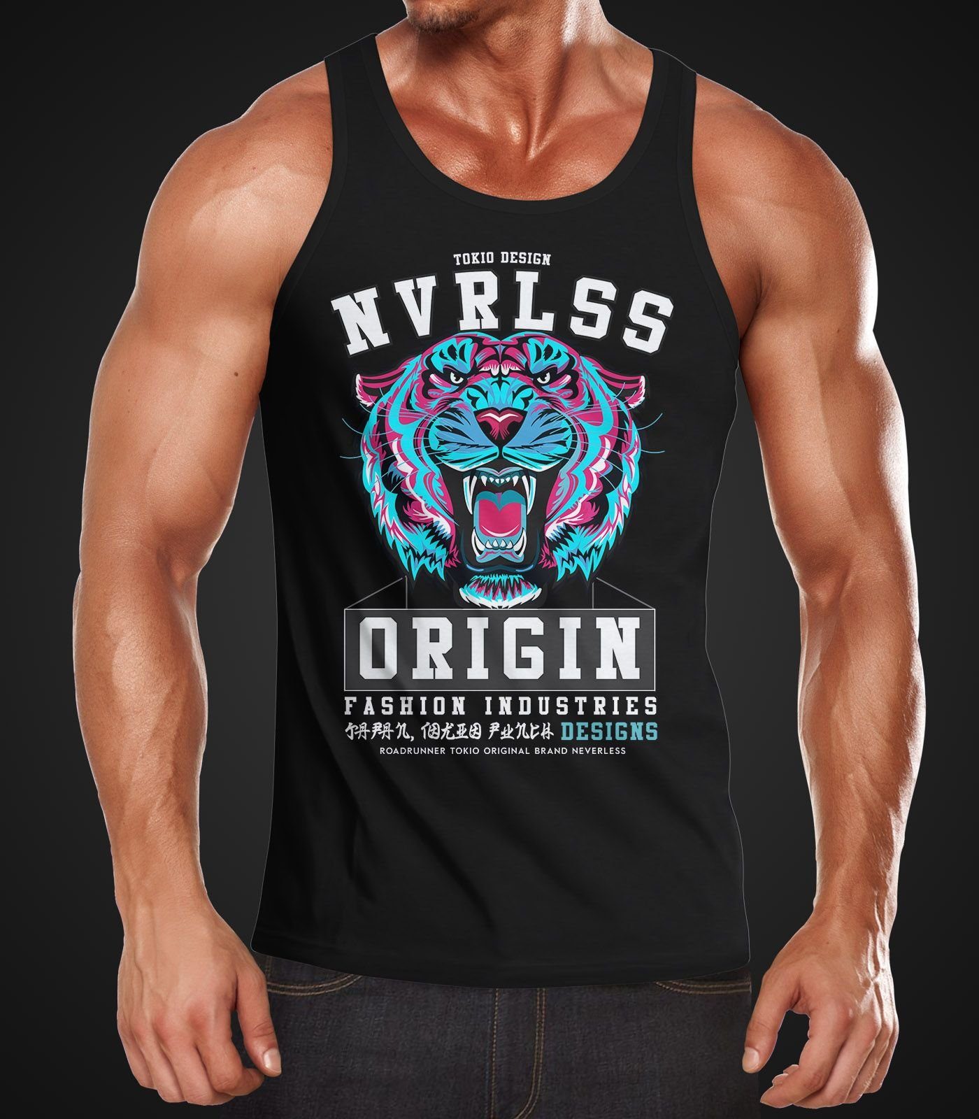 Neverless Tanktop Herren Tank-Top Tiger-Kopf Origin Tokio Design Schriftzug günstig online kaufen