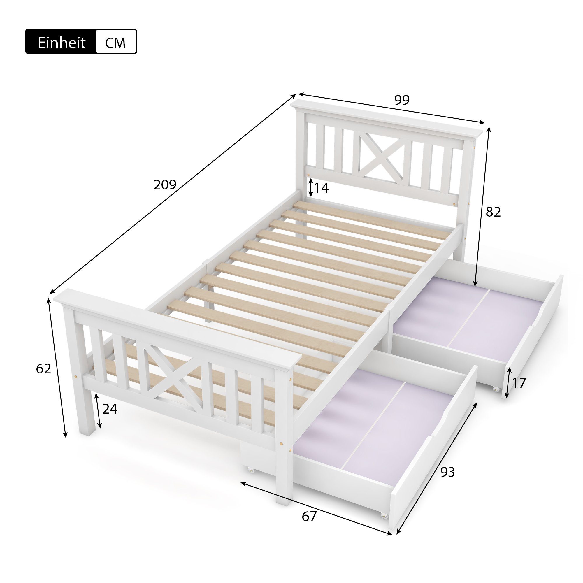 Massivholzbett, Einzelbett Holzbett mit 2 Schubladen, Lattenrost und Kopfteil 90x200cm