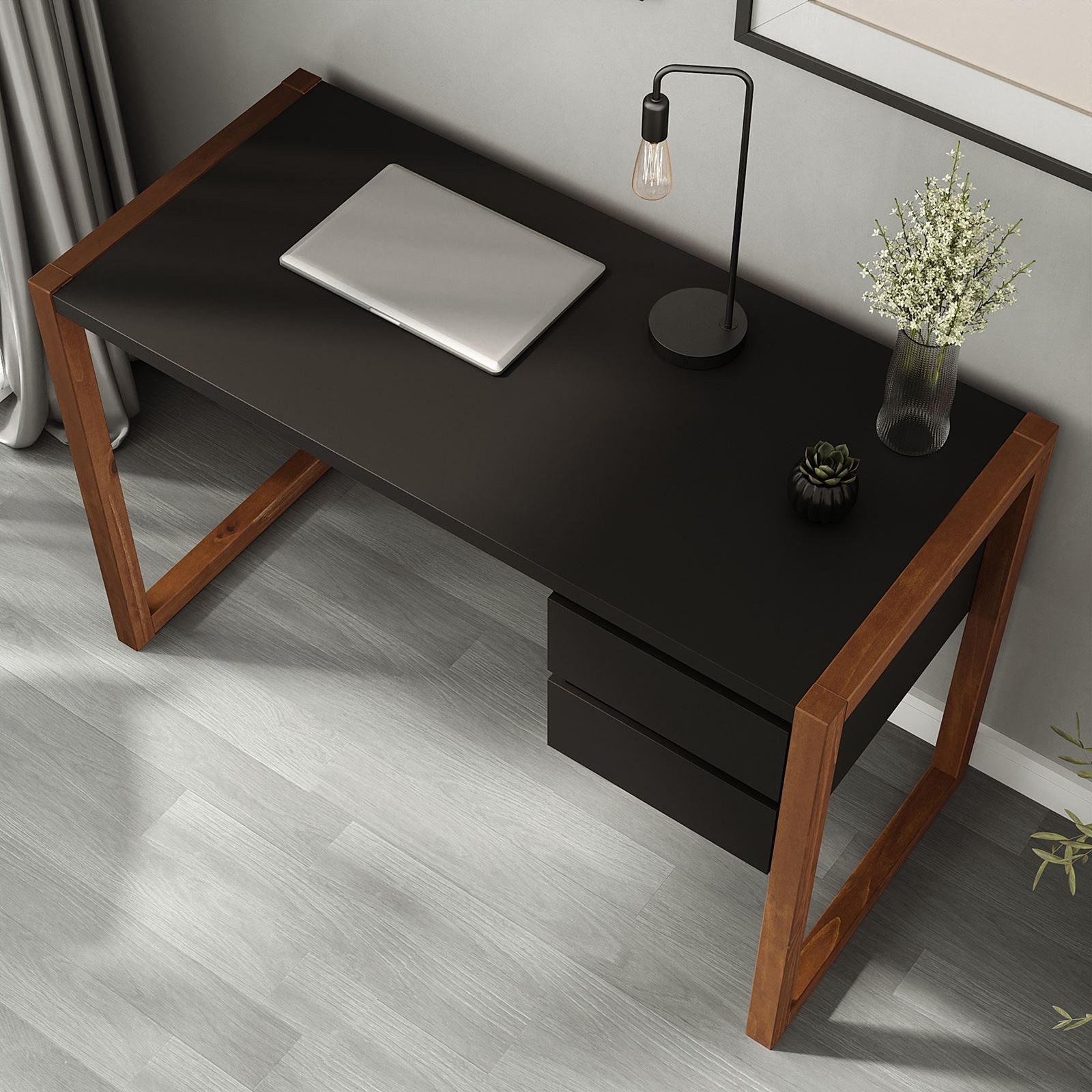 IDIMEX Schreibtisch BELINDA, Holztisch mit zwei Schubladen Schwarz/Kastanie