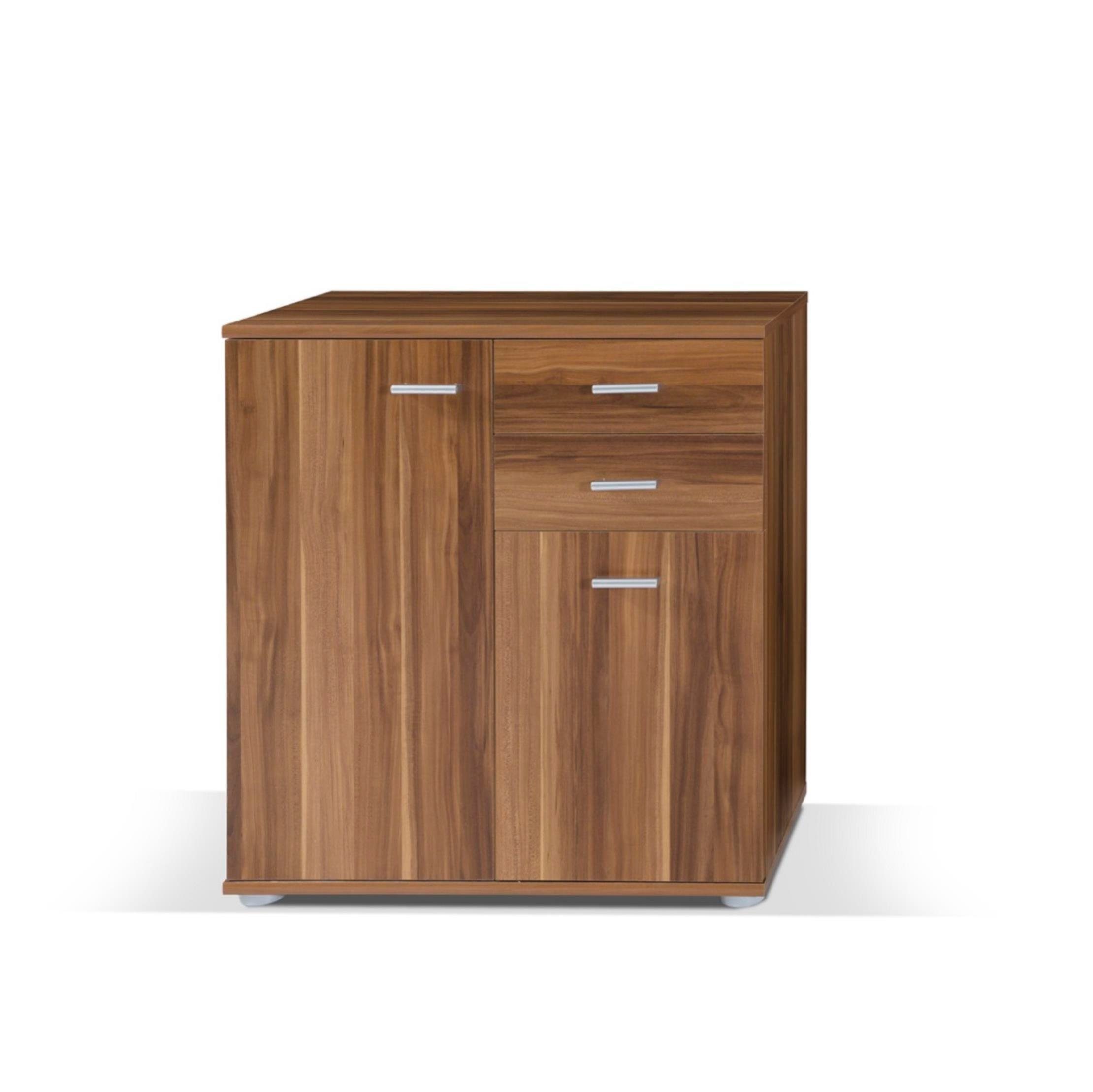 Furnix Kommode multifunktionaler klassischer Schrank MIDOS 2, mit 2 Türen und 2 Schubladen, B71 x H75 x T35 cm Pflaumenbaum