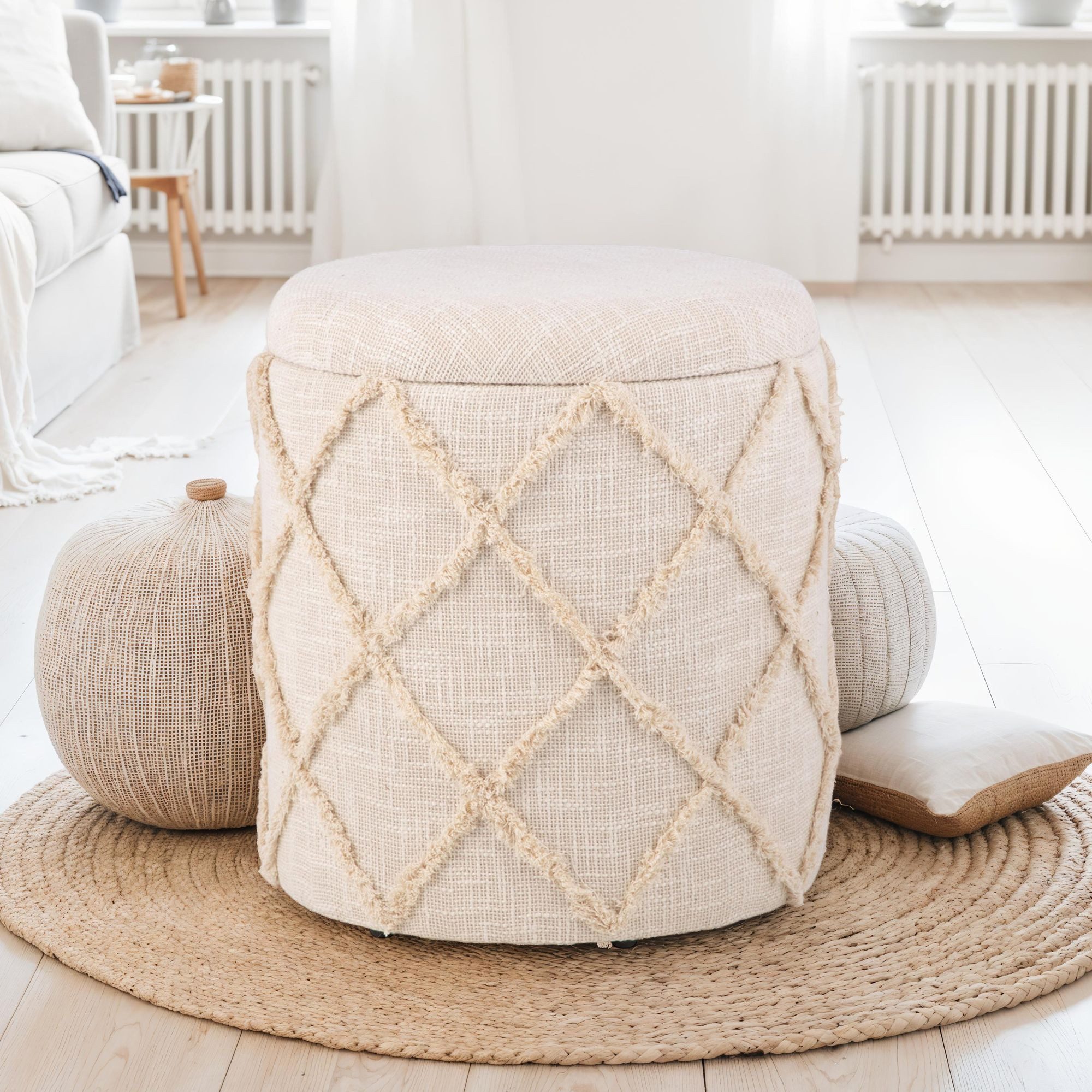 FINEBUY Stauraumhocker FB111047 Sitzhocker Hocker mit Stauraum rund 40 cm Baumwolle Boho (Stoff 40 cm, Hocker mit Stauraum Rund Modern), Dekohocker Creme Baumwolle, Sitzhocker Gepolstert