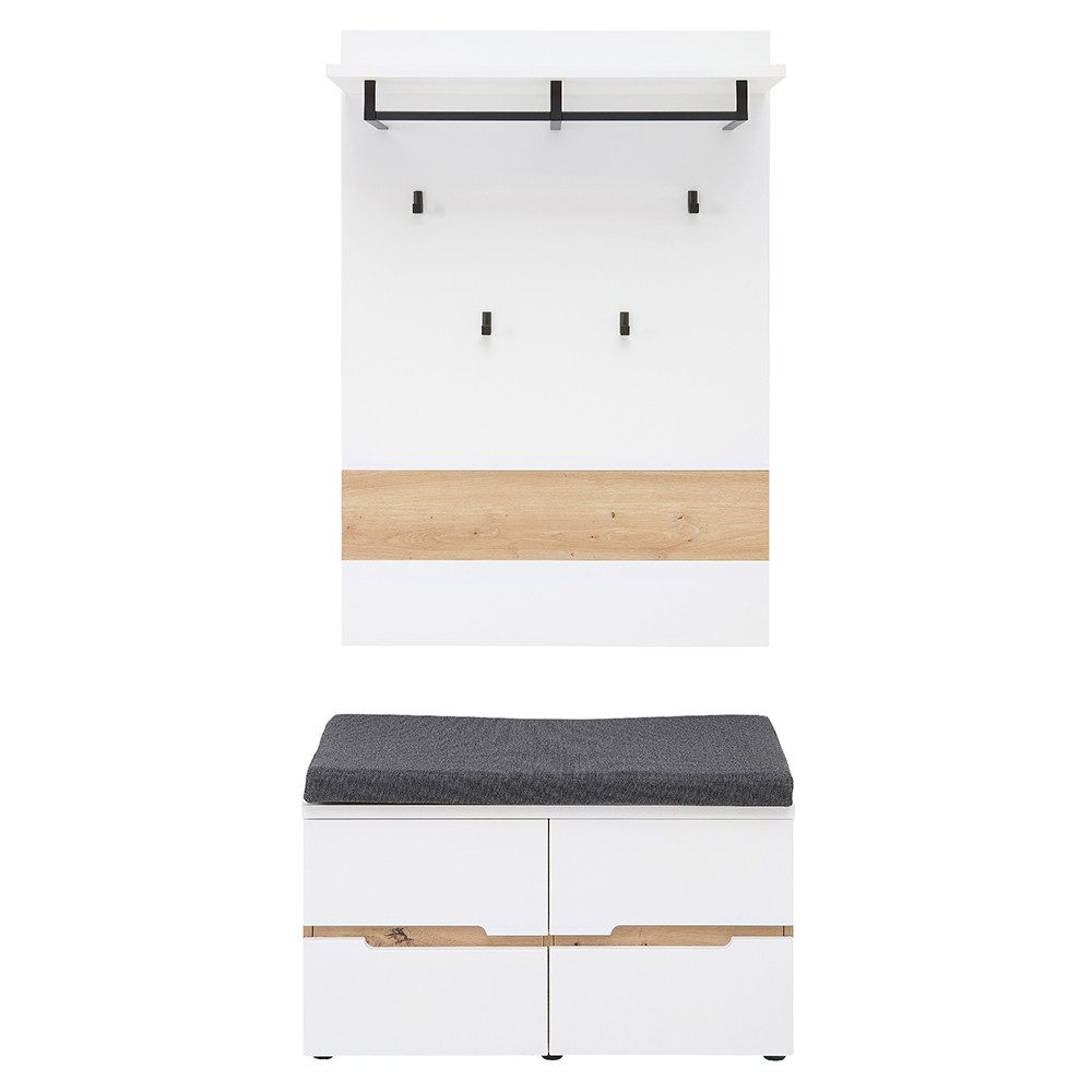 Lomadox Garderoben-Set MANRESA-36-WHITE, (Spar-Set, 2-St., Garderobenpaneel Schuhbank), in weiß mit Eiche, grifflos, mit Garderobenbank inkl. Sitzpolster