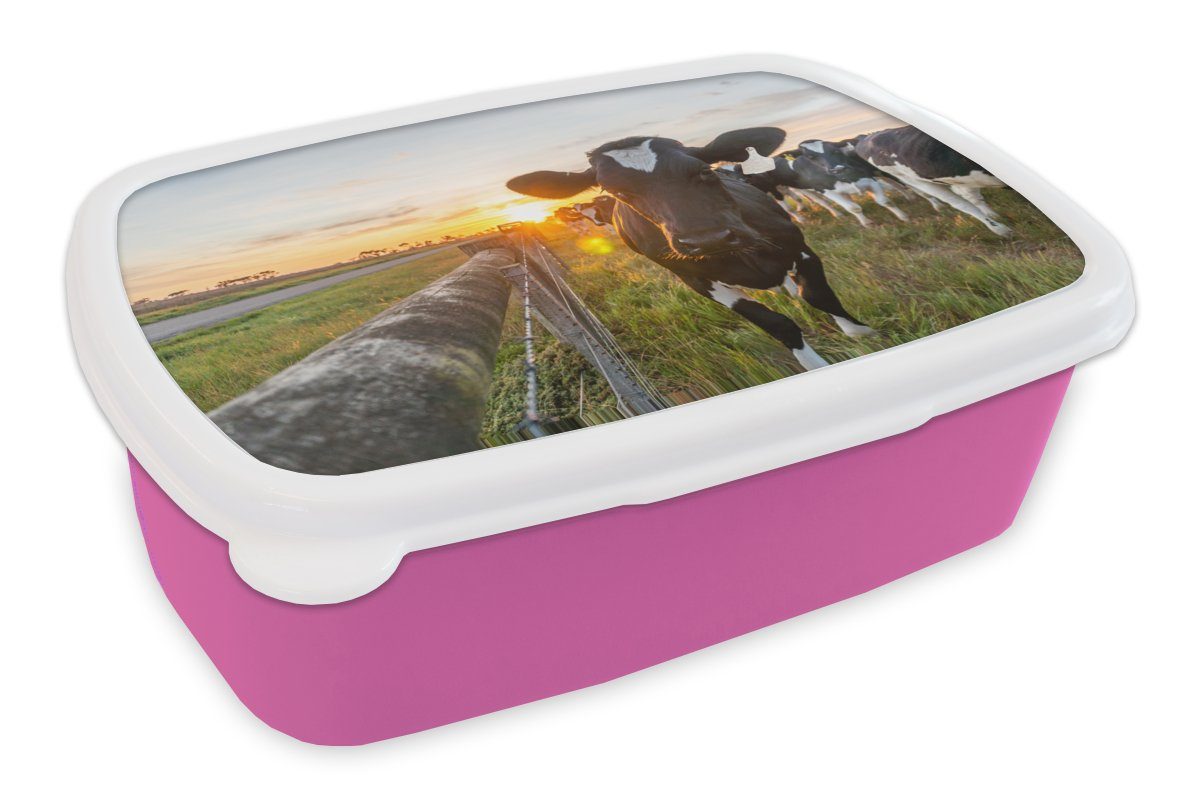 MuchoWow Lunchbox Kühe - Sonne - Zaun, Kunststoff, (2-tlg), Brotbox für Erwachsene, Brotdose Kinder, Snackbox, Mädchen, Kunststoff rosa