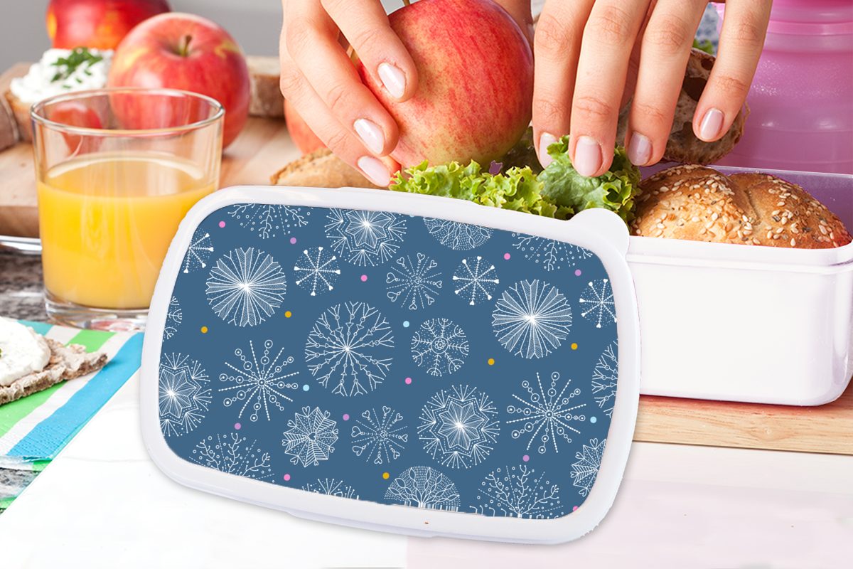 für Schneeflocke (2-tlg), Muster weiß Brotbox Jungs Lunchbox MuchoWow und - Kunststoff, und Kinder Brotdose, für Mädchen Erwachsene, Winter, -