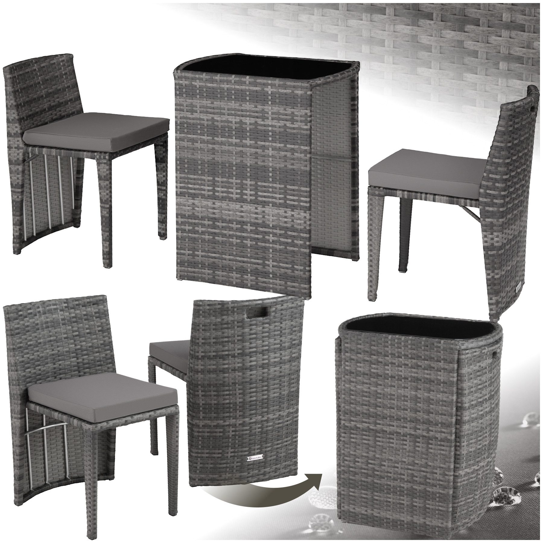 tectake Sitzgruppe Aluminium Rattanset mit Sicherheitsglasplatte, kein Aufbau, (Loungeset Hamburg, 3-tlg., für Außen in Grau), wetterfest und UV-beständig, zusammenschiebbar, pflegeleicht